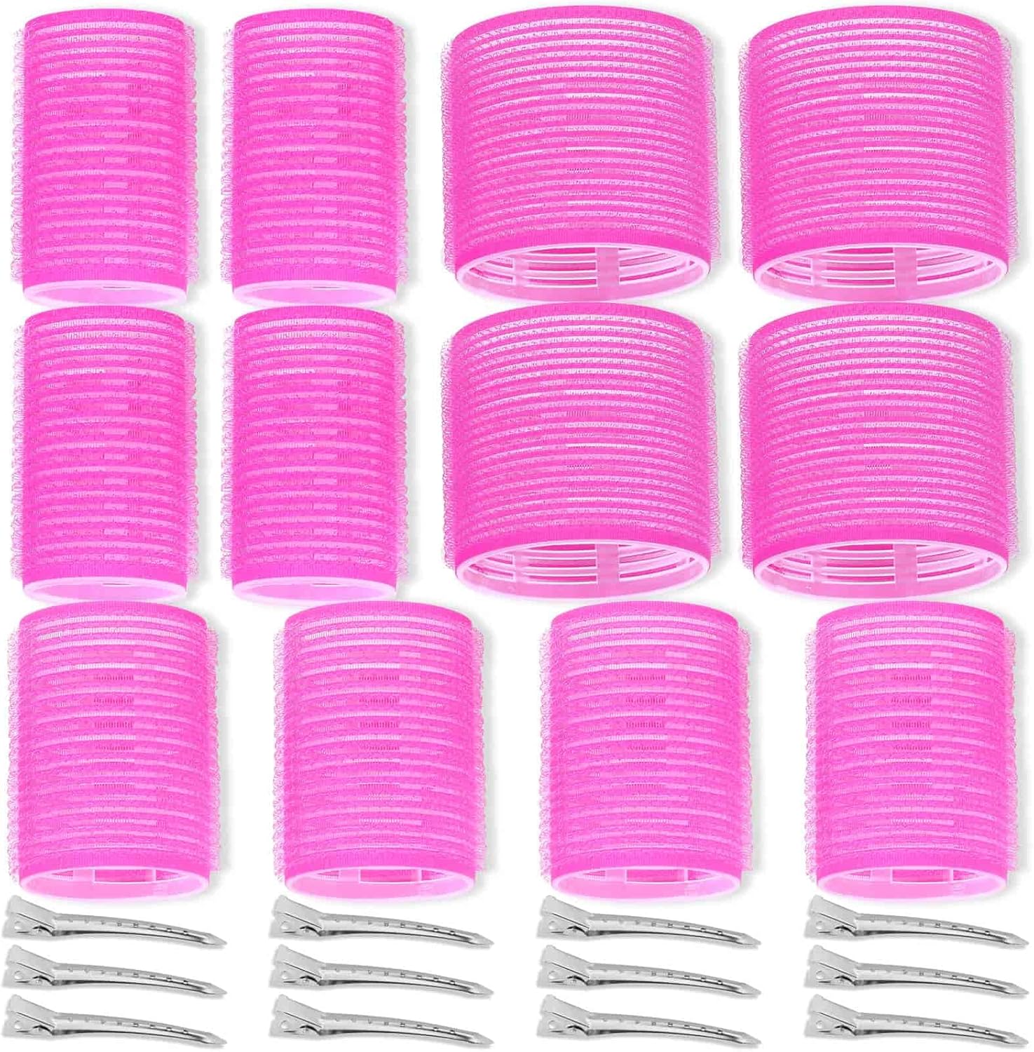 Self Grip Hair Rollers Curlers Set - 24 Pieces with 3 Sizes 4 Jumbo, 4 Large, 4 Medium and 12 Clips for Volume on Long, Short, Thick, or Fine Hair