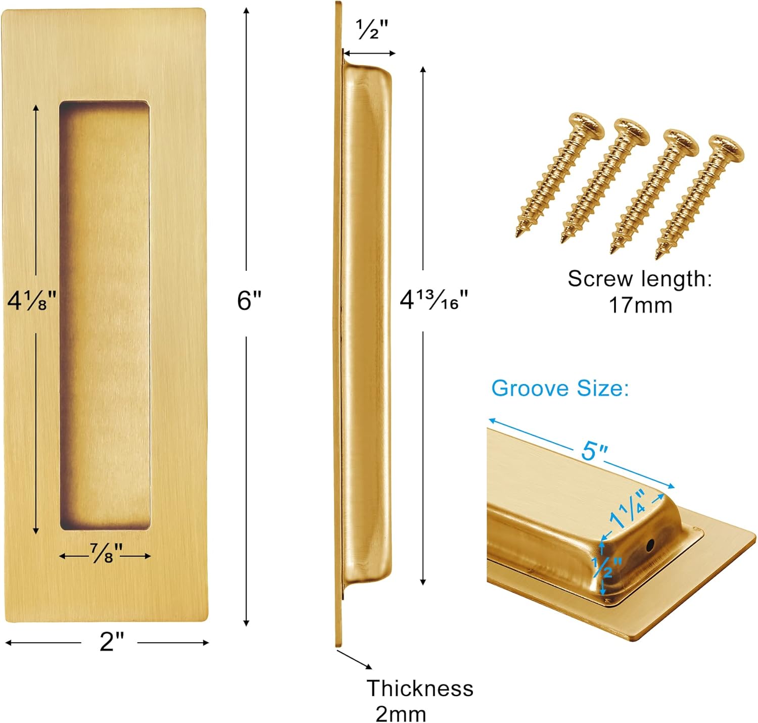 Recessed Finger Flush Pulls for Pocket, Sliding Barn Door - Brushed Gold Stainless Steel Rectangular Door Pulls 2 Pack 6 Inch