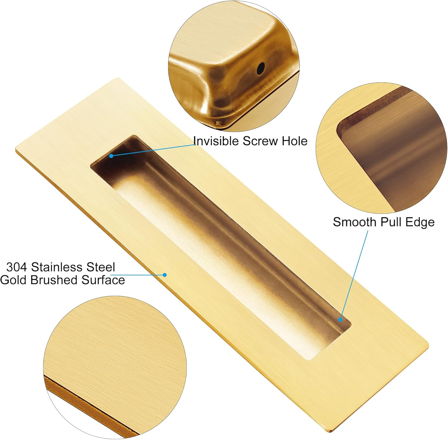 Recessed Finger Flush Pulls for Pocket, Sliding Barn Door - Brushed Gold Stainless Steel Rectangular Door Pulls 2 Pack 6 Inch