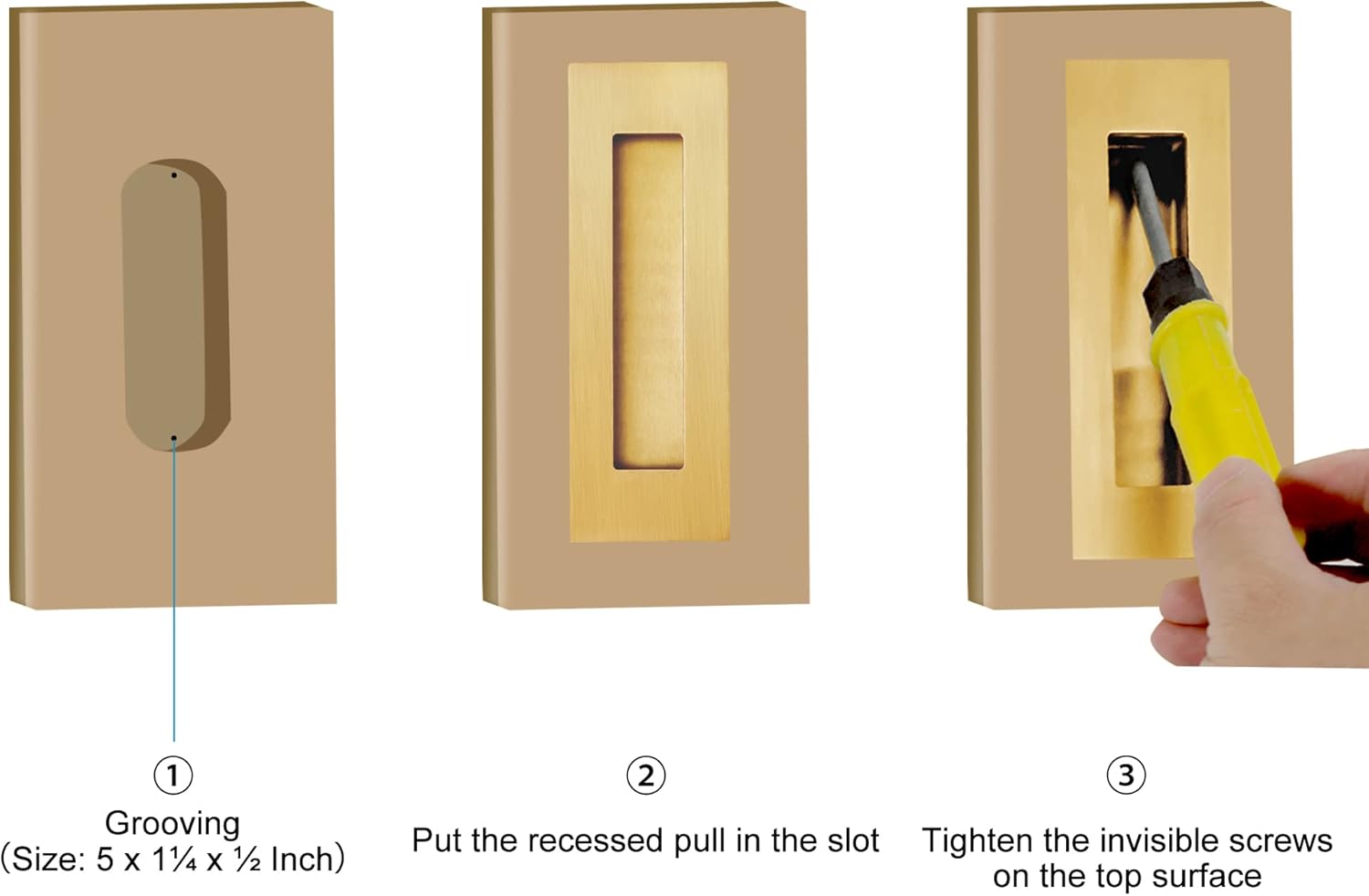 Recessed Finger Flush Pulls for Pocket, Sliding Barn Door - Brushed Gold Stainless Steel Rectangular Door Pulls 2 Pack 6 Inch