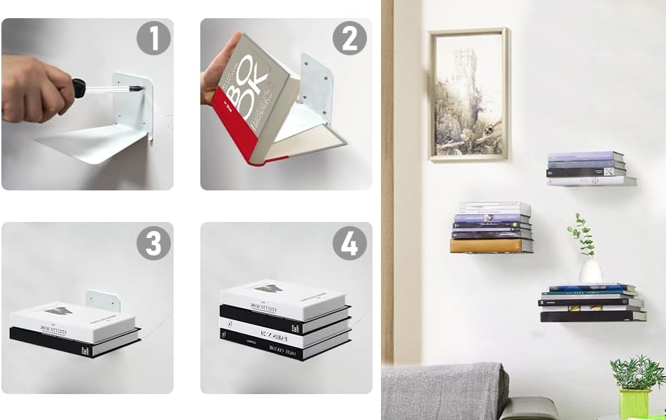 Invisible Floating Bookshelf - Modern White Wall Mount Metal Shelves for Room, Bedroom Bookcase, Small Bookshelf with Minimalist Design, Sleek Storage for Books & Decoratives 6PCS