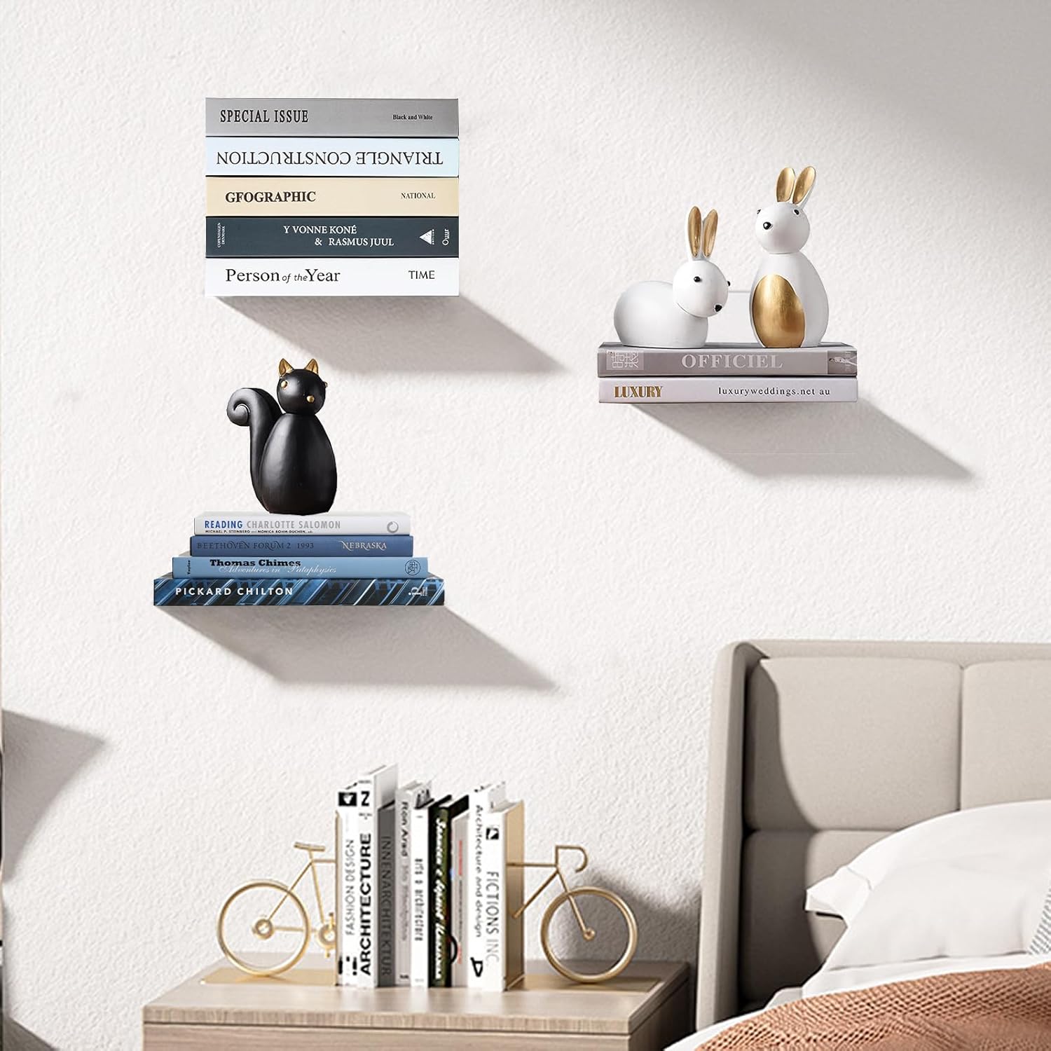 Invisible Floating Bookshelf - Modern White Wall Mount Metal Shelves for Room, Bedroom Bookcase, Small Bookshelf with Minimalist Design, Sleek Storage for Books & Decoratives 6PCS