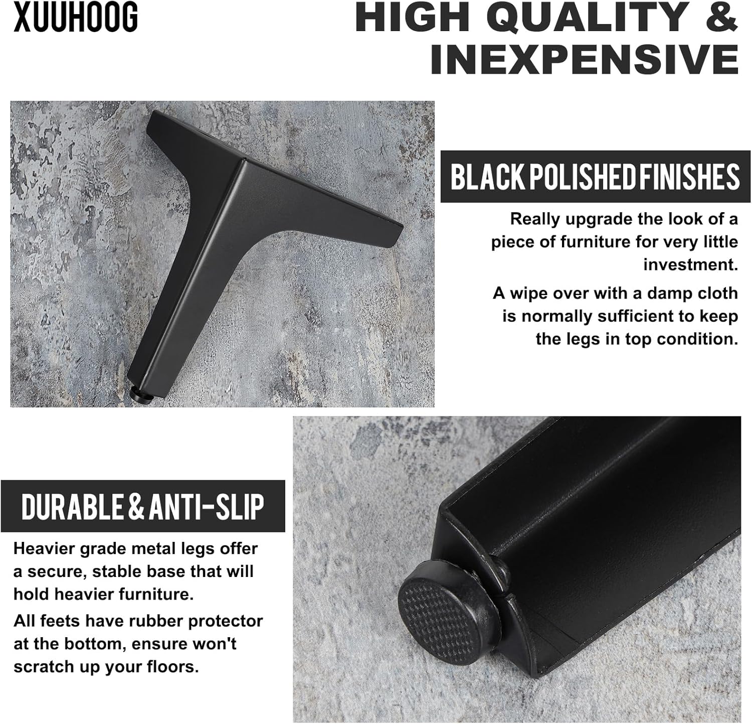 6 Inch Metal Furniture Legs - Set of 4 Modern Iron Diamond Triangle Feet, Black, for Sofa, Cabinet, Chair, Bed, and More