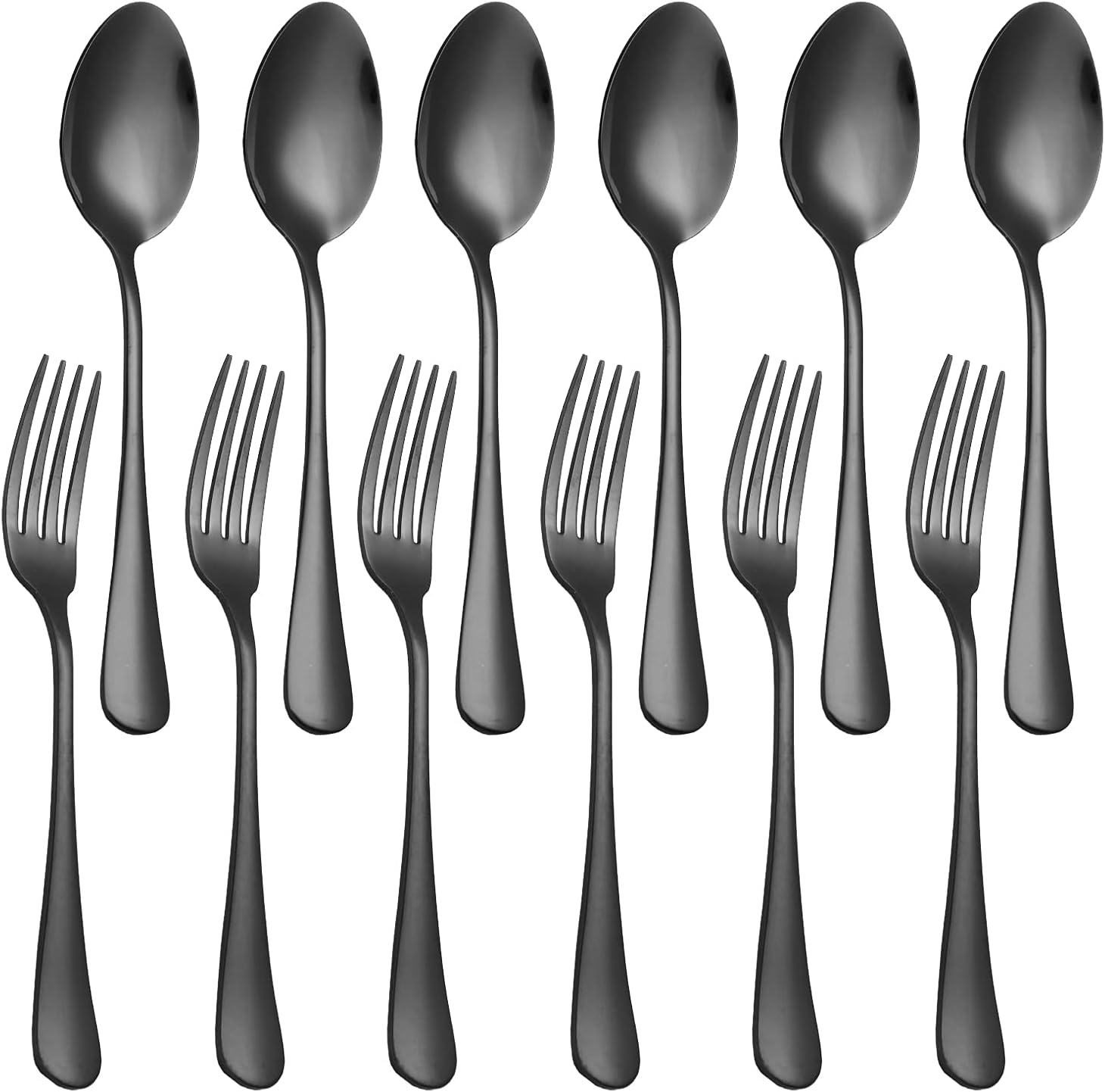 Set of 12, Stainless Steel Dinner Forks and Spoons Silverware Set, Heavy-Duty Forks 8 Inch and Spoons 6.7 Inch Cutlery Set, Dishwasher Safe Black