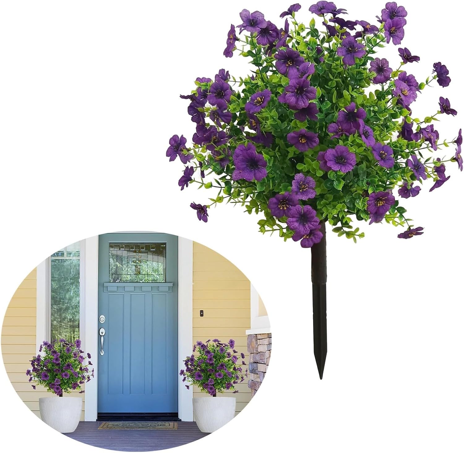 Artificial Boxwood Topiary Balls Trees with Flowers for Outdoor Fake Plants with Ground Spike 24 Inch Resistant Faux Greenery Shrubs Faux Plants for Front Door Garden Yard Porch Patio Decor Purple