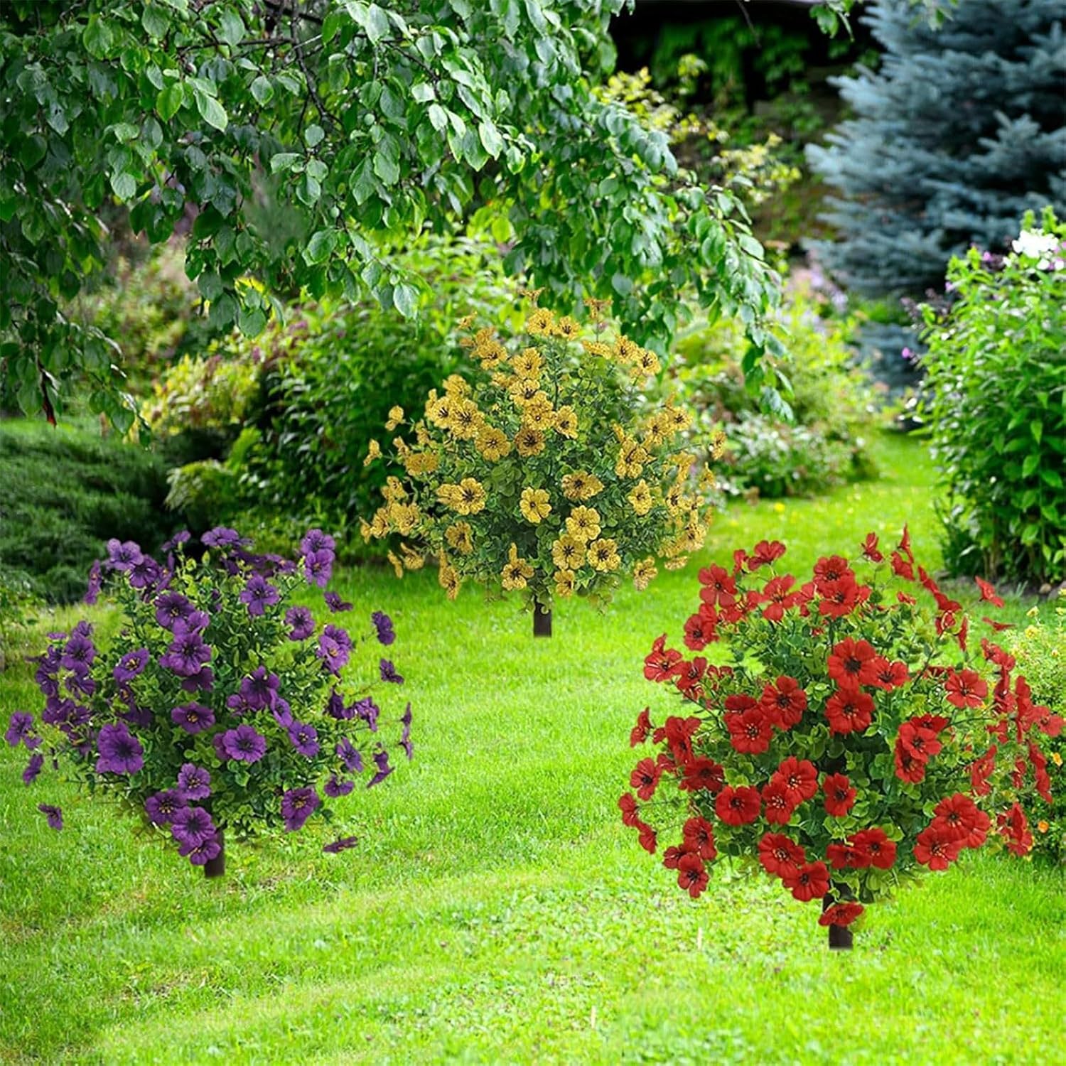 Artificial Boxwood Topiary Balls Trees with Flowers for Outdoor Fake Plants with Ground Spike 24 Inch Resistant Faux Greenery Shrubs Faux Plants for Front Door Garden Yard Porch Patio Decor Purple