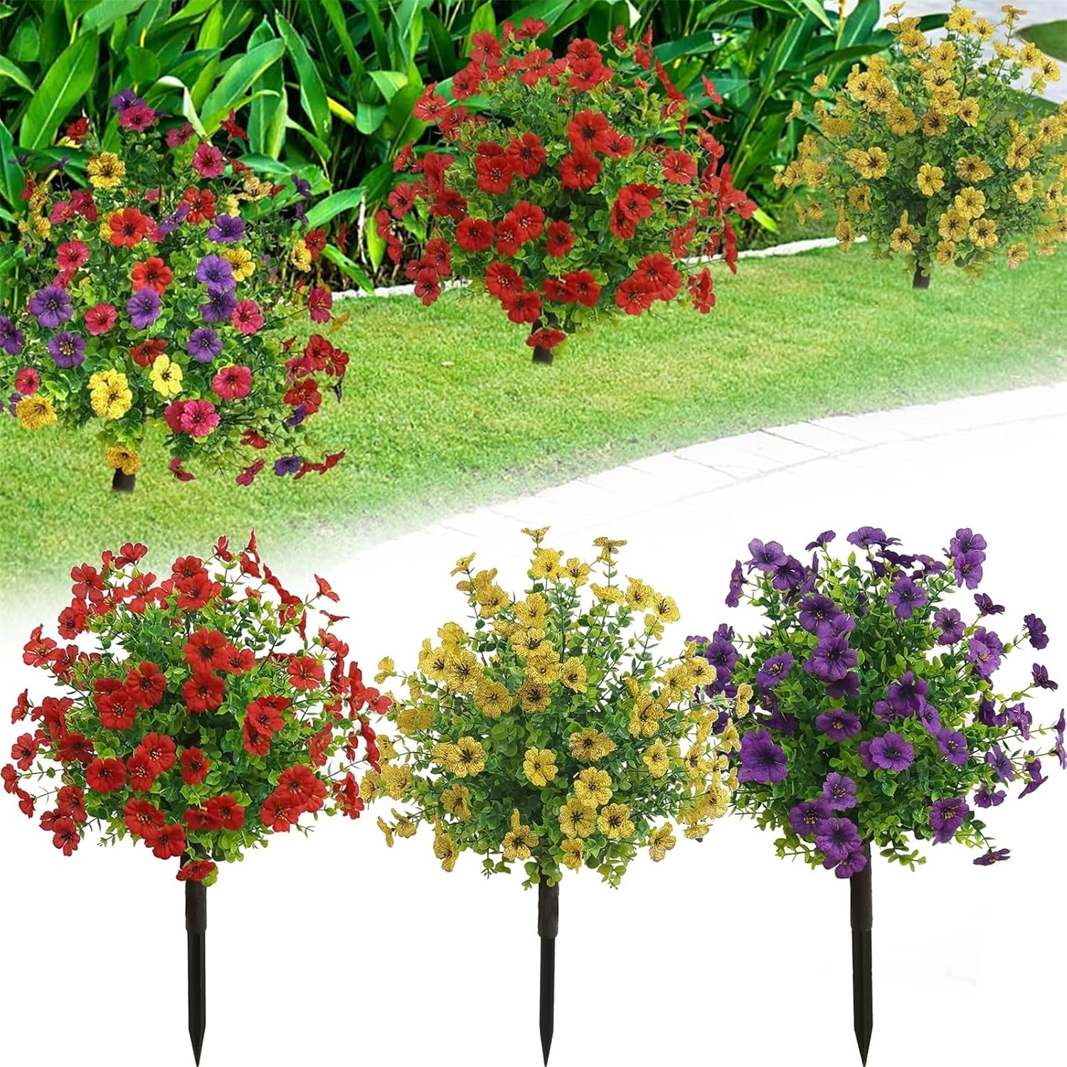 Artificial Boxwood Topiary Balls Trees with Flowers for Outdoor Fake Plants with Ground Spike 24 Inch Resistant Faux Greenery Shrubs Faux Plants for Front Door Garden Yard Porch Patio Decor Purple