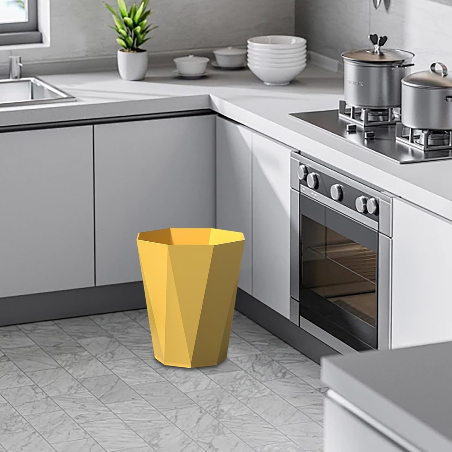 Polygon Small Trash Can,Bathroom Garbage Container, Office Organizer Plastic Wastebasket Rubbish Bin Paper Basket for Bathrooms, Kitchens,Laundry Room, Offices, Kids Rooms Yellow