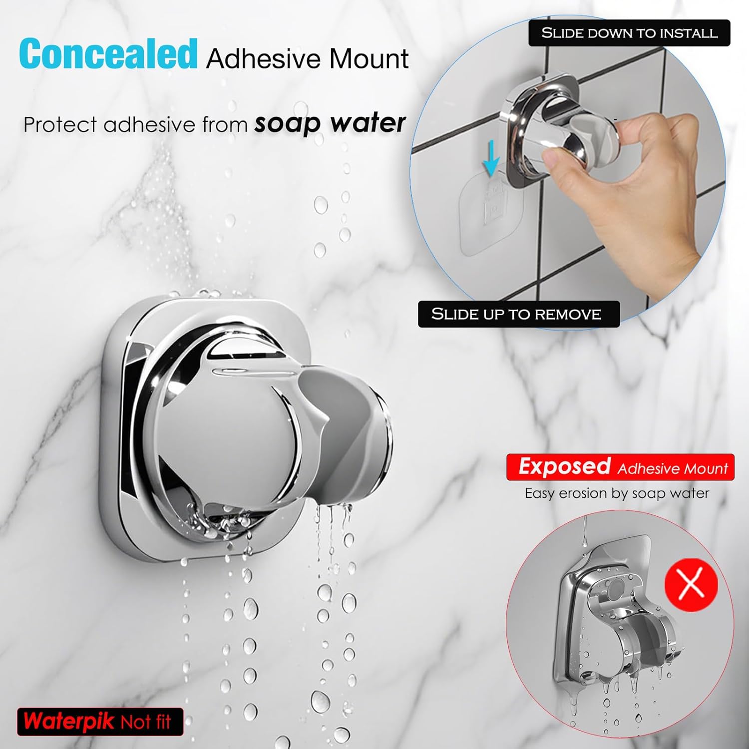 Handheld Shower Head Holder - 5 Angles Adjustable - Concealed Adhesive Mount Holder Only