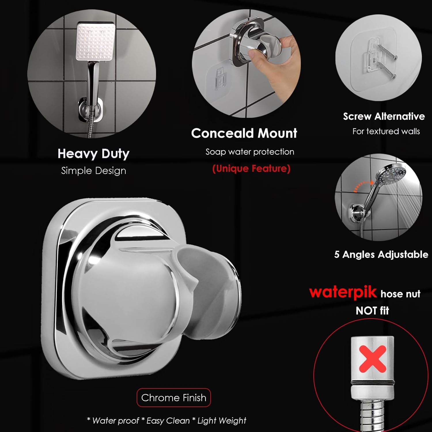 Handheld Shower Head Holder - 5 Angles Adjustable - Concealed Adhesive Mount Holder Only