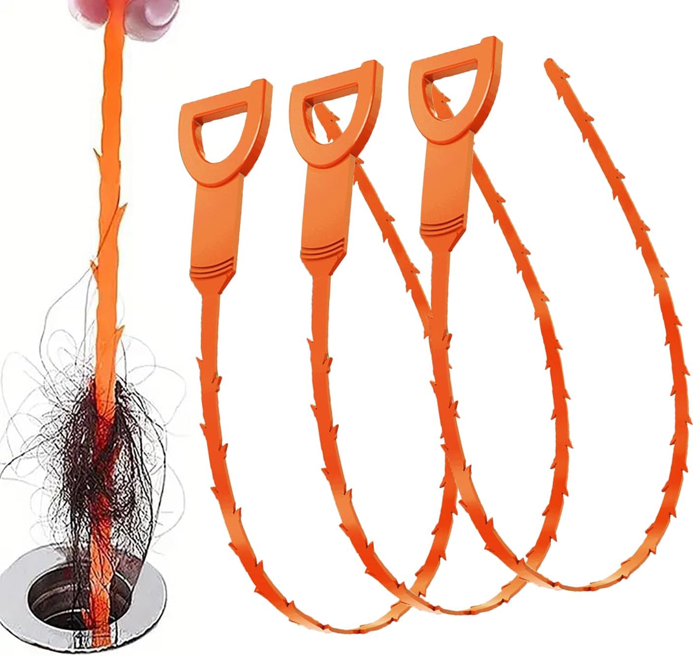 25 Inch Drain Snake Clog Remover:3 Pcs Hair Clog Auger, Drain Cleaner Tool Suitable for Dredging Clogged Pipes, Sink, Shower Drains Orange