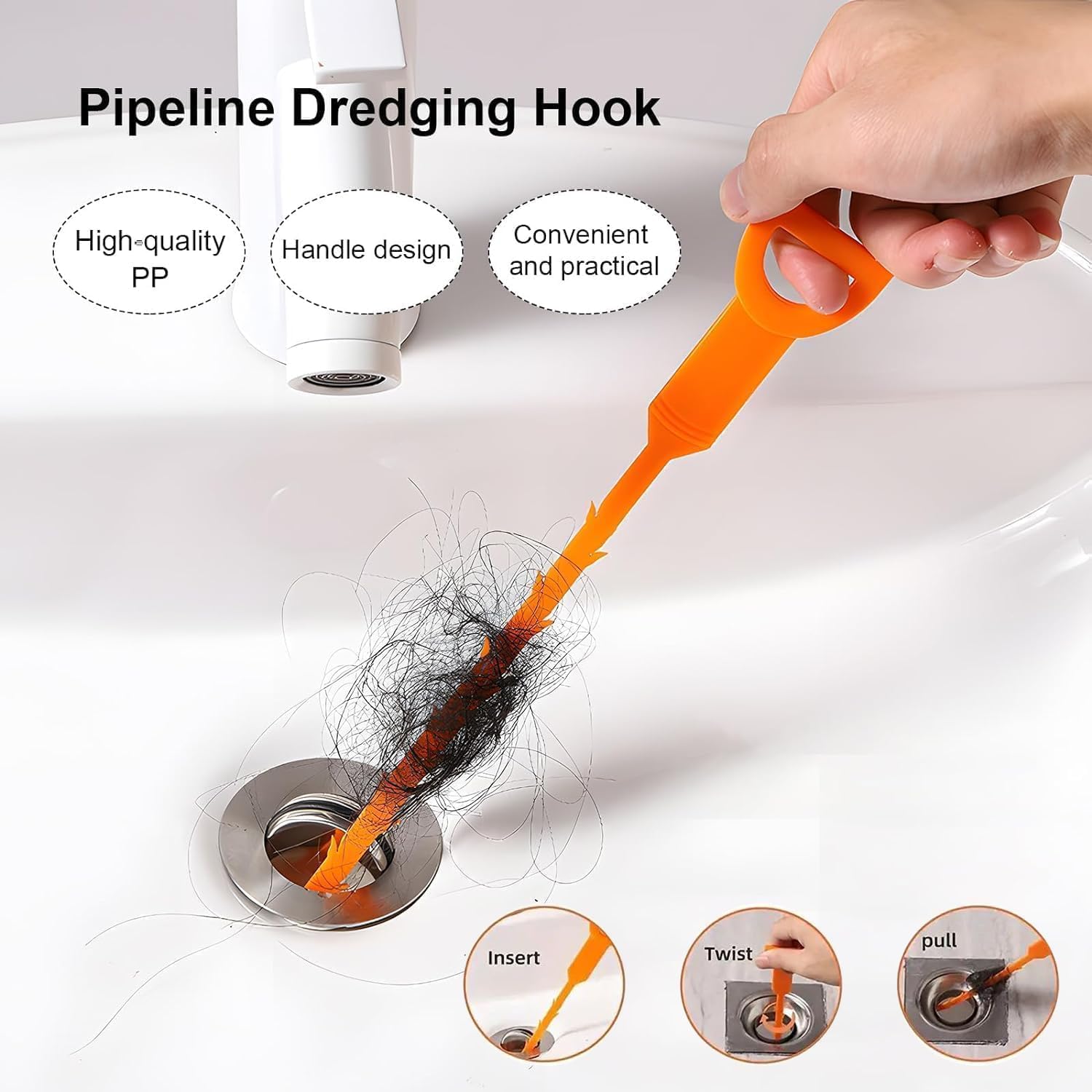 25 Inch Drain Snake Clog Remover:3 Pcs Hair Clog Auger, Drain Cleaner Tool Suitable for Dredging Clogged Pipes, Sink, Shower Drains Orange
