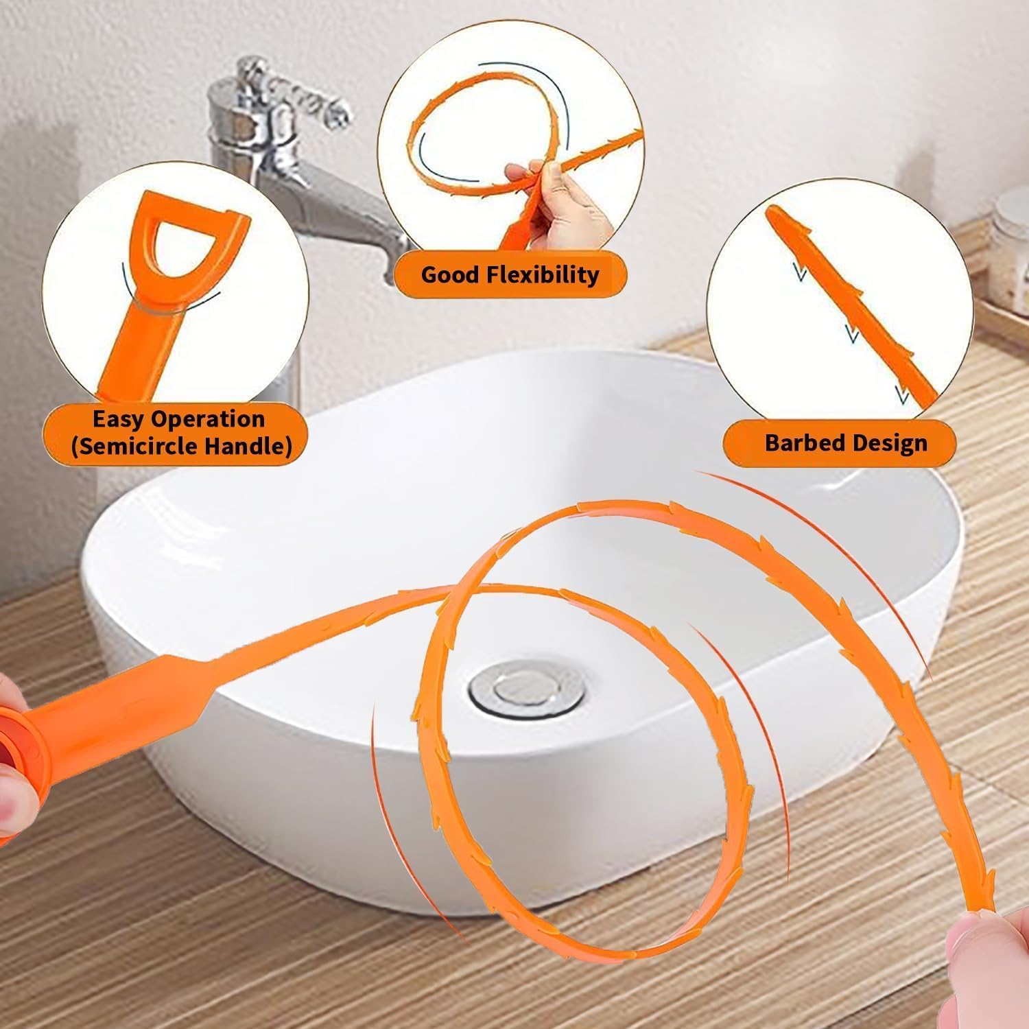 25 Inch Drain Snake Clog Remover:3 Pcs Hair Clog Auger, Drain Cleaner Tool Suitable for Dredging Clogged Pipes, Sink, Shower Drains Orange