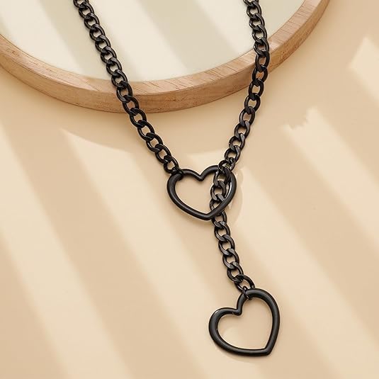 Heart Slip Chain Necklaces for Women Stainless Steel O-Ring Adjustable Lariat Heart Y-Necklace Cuban Long Necklace Punk Gothic Cuban Collar Choker Necklace Jewelry