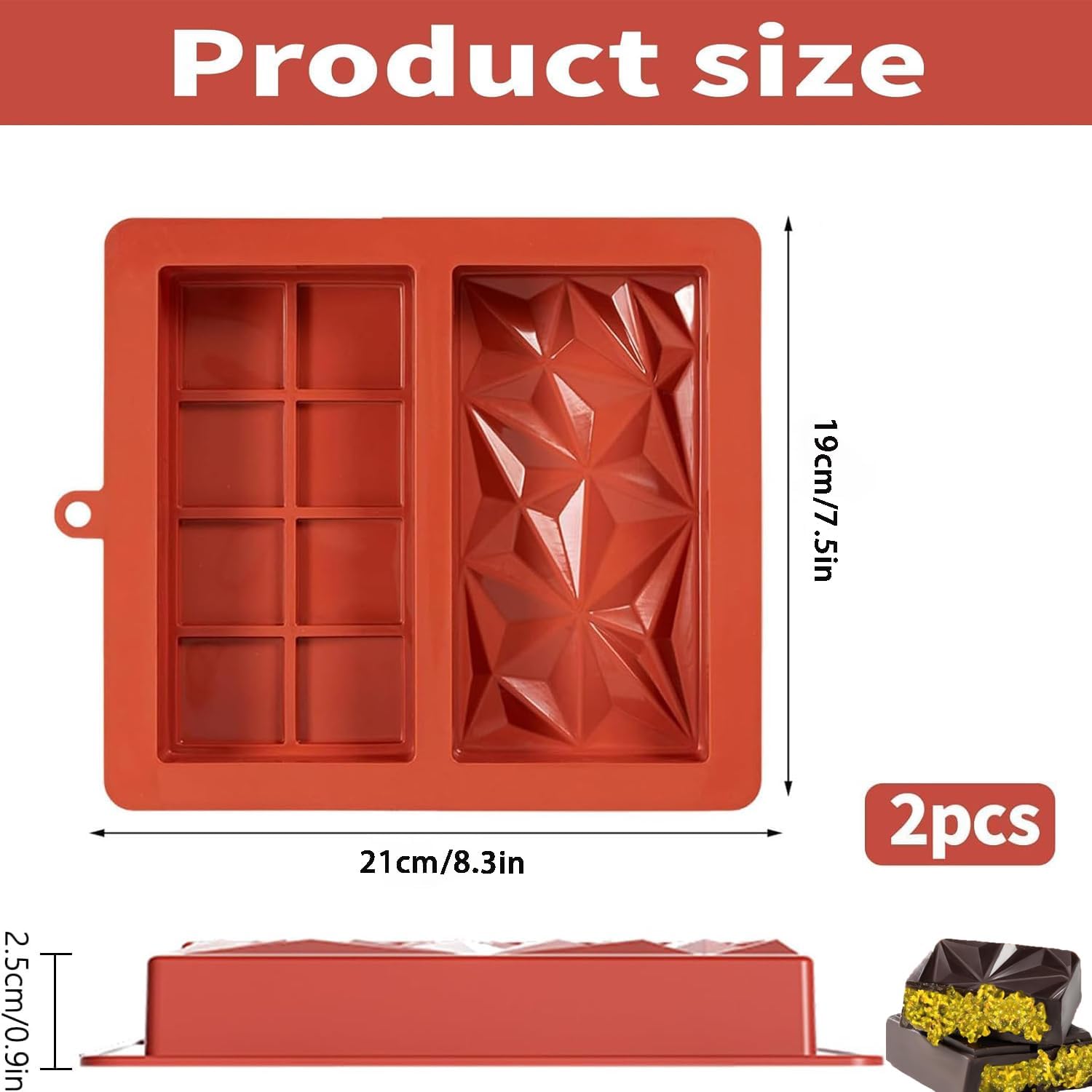 2 Pcs Chocolate Bar Mold, Non-Stick Chocolate Silicone Molds, Deep Chocolate Bar Candy Molds for Filling, DIY Dubai Pistachio Chocolate Thick Mold for Stuffed, Kitchen Baking Mold for Knafeh