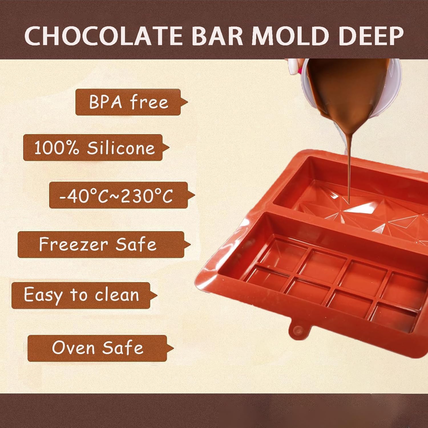 2 Pcs Chocolate Bar Mold, Non-Stick Chocolate Silicone Molds, Deep Chocolate Bar Candy Molds for Filling, DIY Dubai Pistachio Chocolate Thick Mold for Stuffed, Kitchen Baking Mold for Knafeh