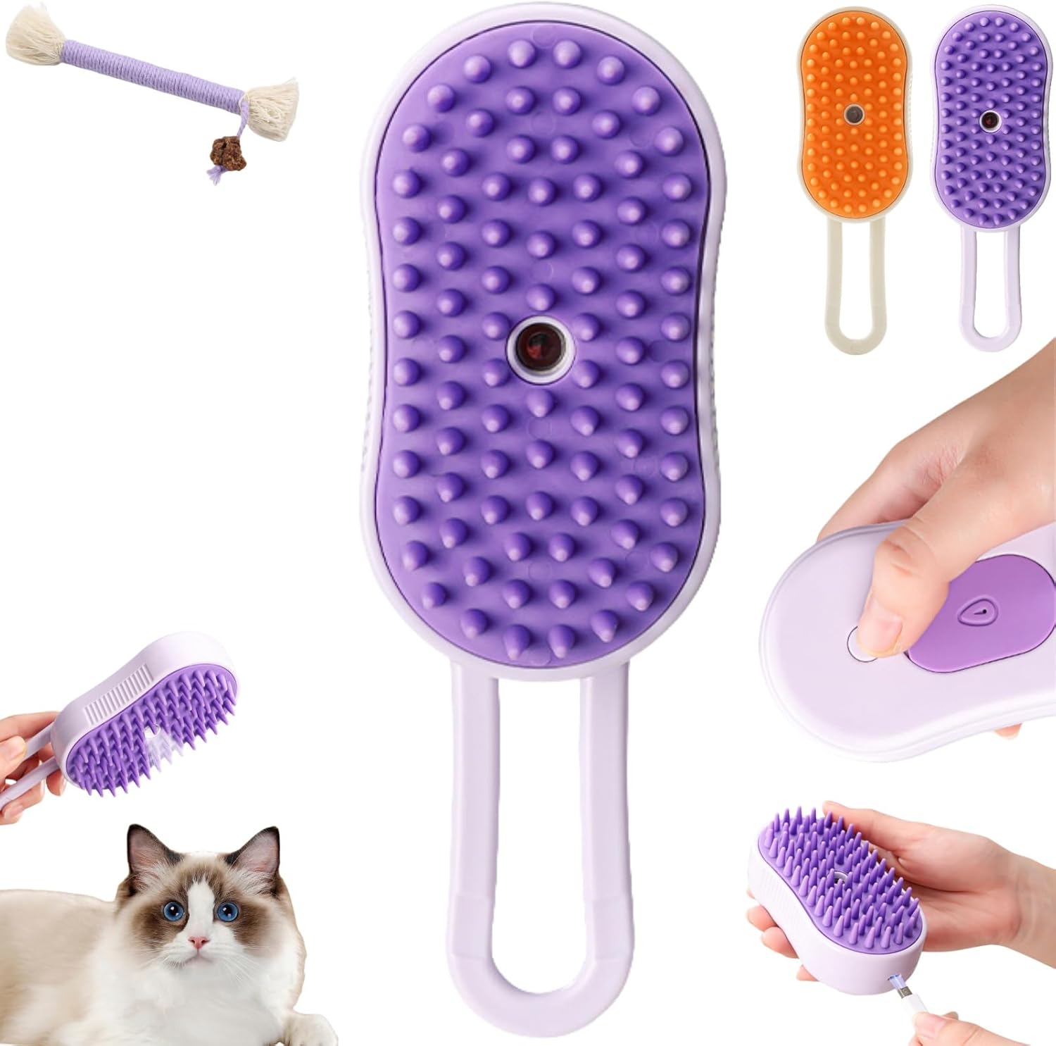 Puffease Spritz Defur Comb for Cats Dogs, Steam Pet Brush with Spray Function, Spray Defur Comb for Pet Bathing, Shedding & Grooming Purple