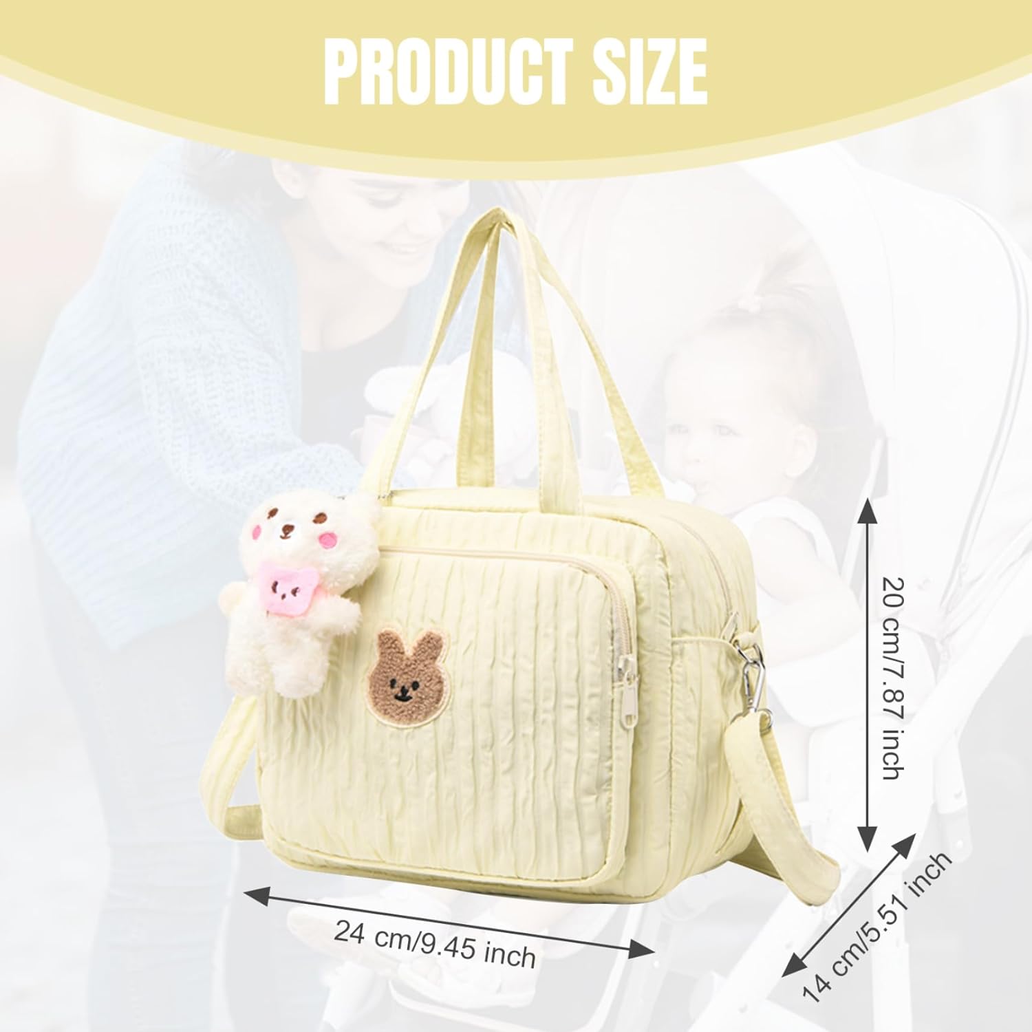 Diaper Tote Bag, 9.5inch Tote Diaper Bag with Plush Doll Pendant, Adjustable Strap & Handle, Large Mommy Bag, Portable Baby Nappy Bag, Travel Baby Bag for Mom Yellow