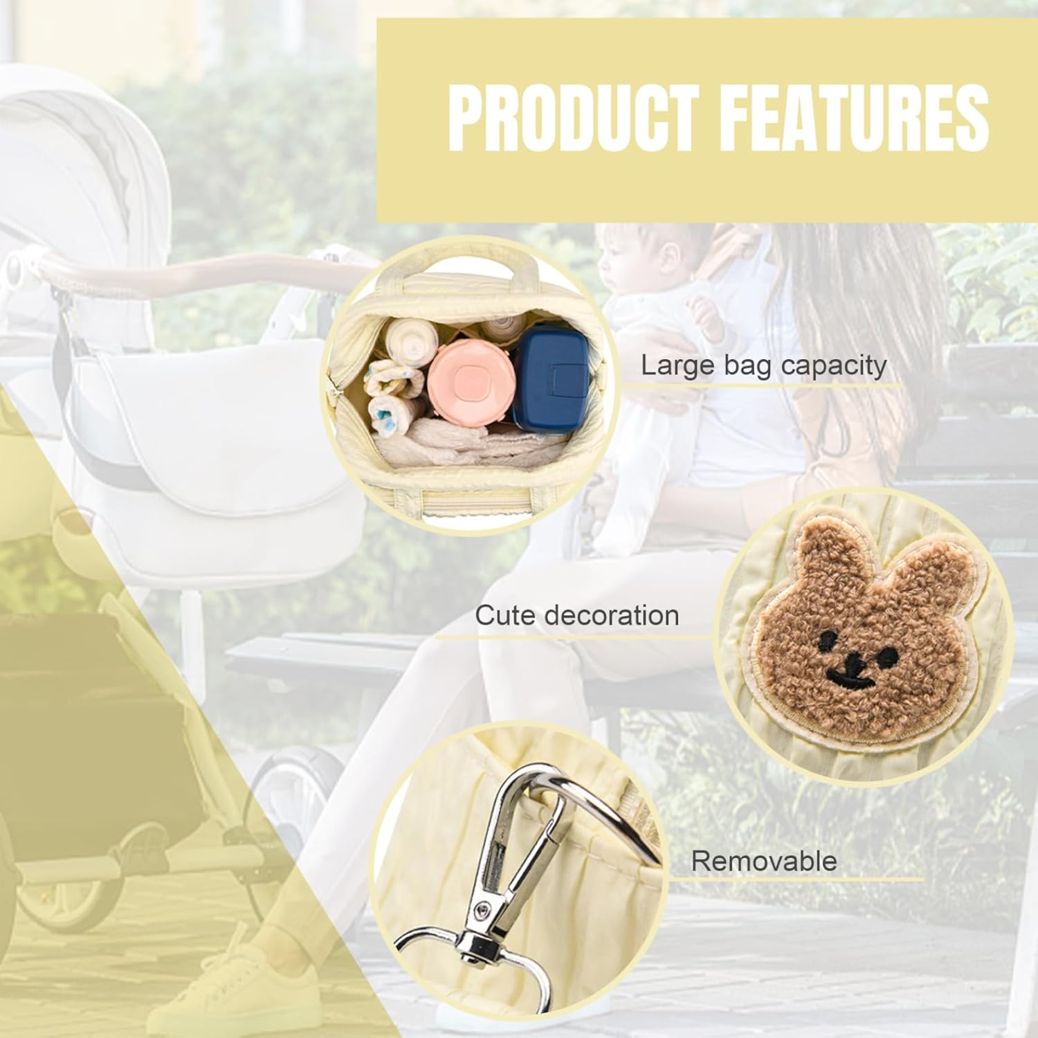 Diaper Tote Bag, 9.5inch Tote Diaper Bag with Plush Doll Pendant, Adjustable Strap & Handle, Large Mommy Bag, Portable Baby Nappy Bag, Travel Baby Bag for Mom Yellow
