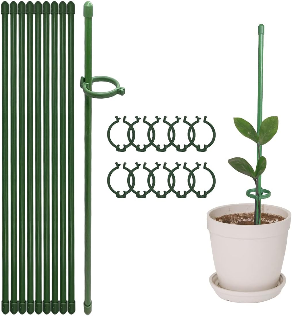 12 Inch Plant Support Stakes, with Adjustable Retaining Ring Green Plant Sticks Support Stakes for Indoor and Outdoor Plants,Flowers,Climbing 10Pcs