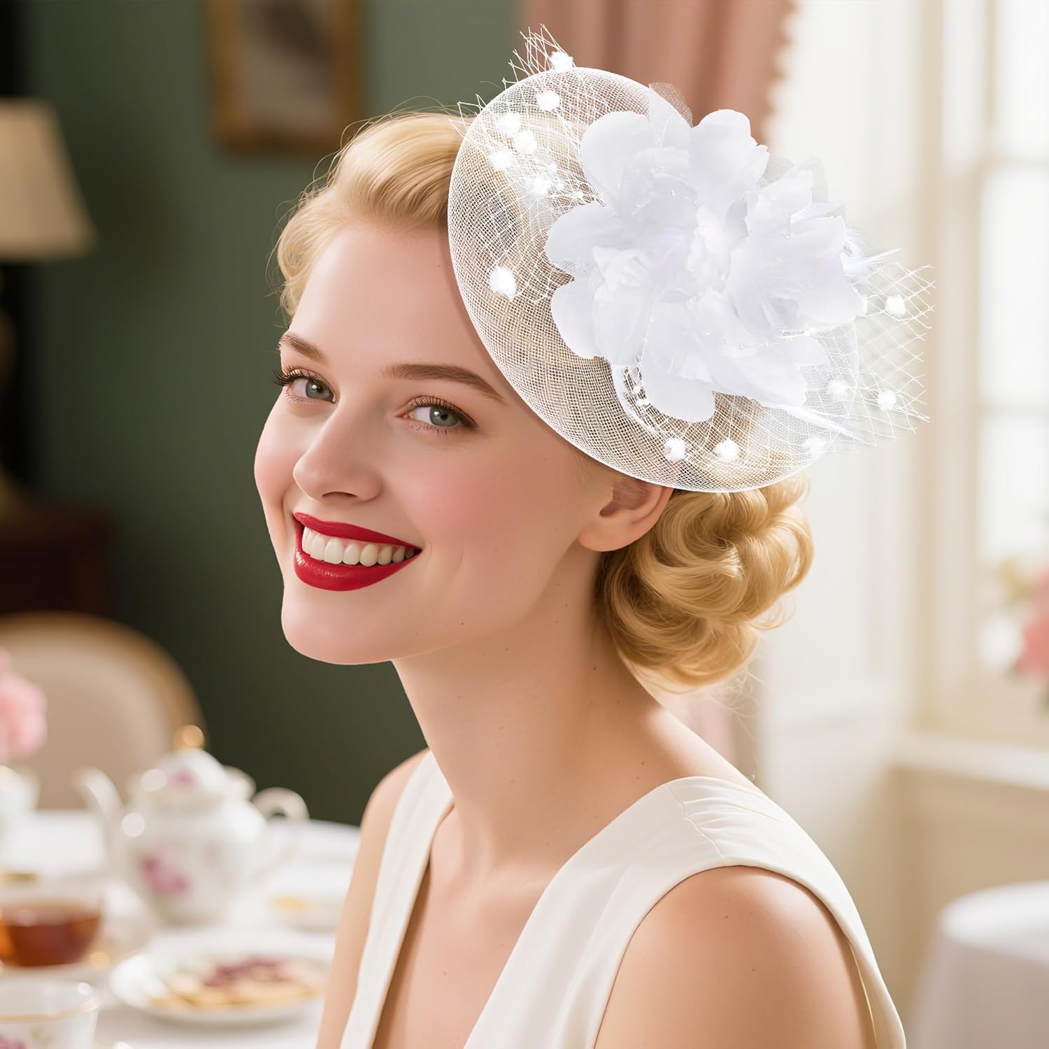20s Fascinators Hat for Women Tea Party Headpiece Mesh Feathers Hair Clip for Bridal Wedding
