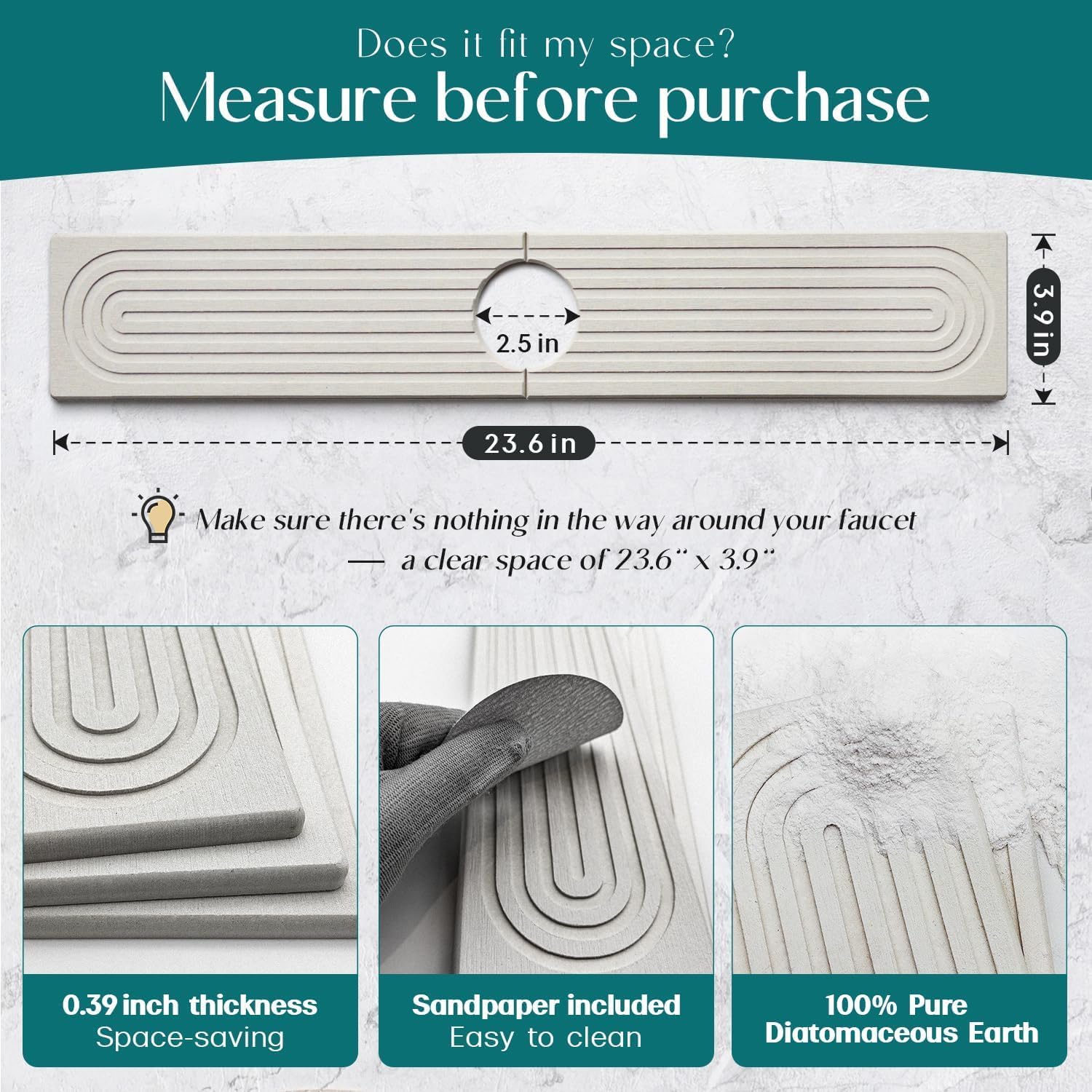 Faucet Mat for Kitchen Sink - 24'' Long Diatomite Fast Drying Stone Sink Tray, Super Absorbent, Prevents Moisture Buildup - Faucet Splash Guard for Bathroom Counter Light Grey