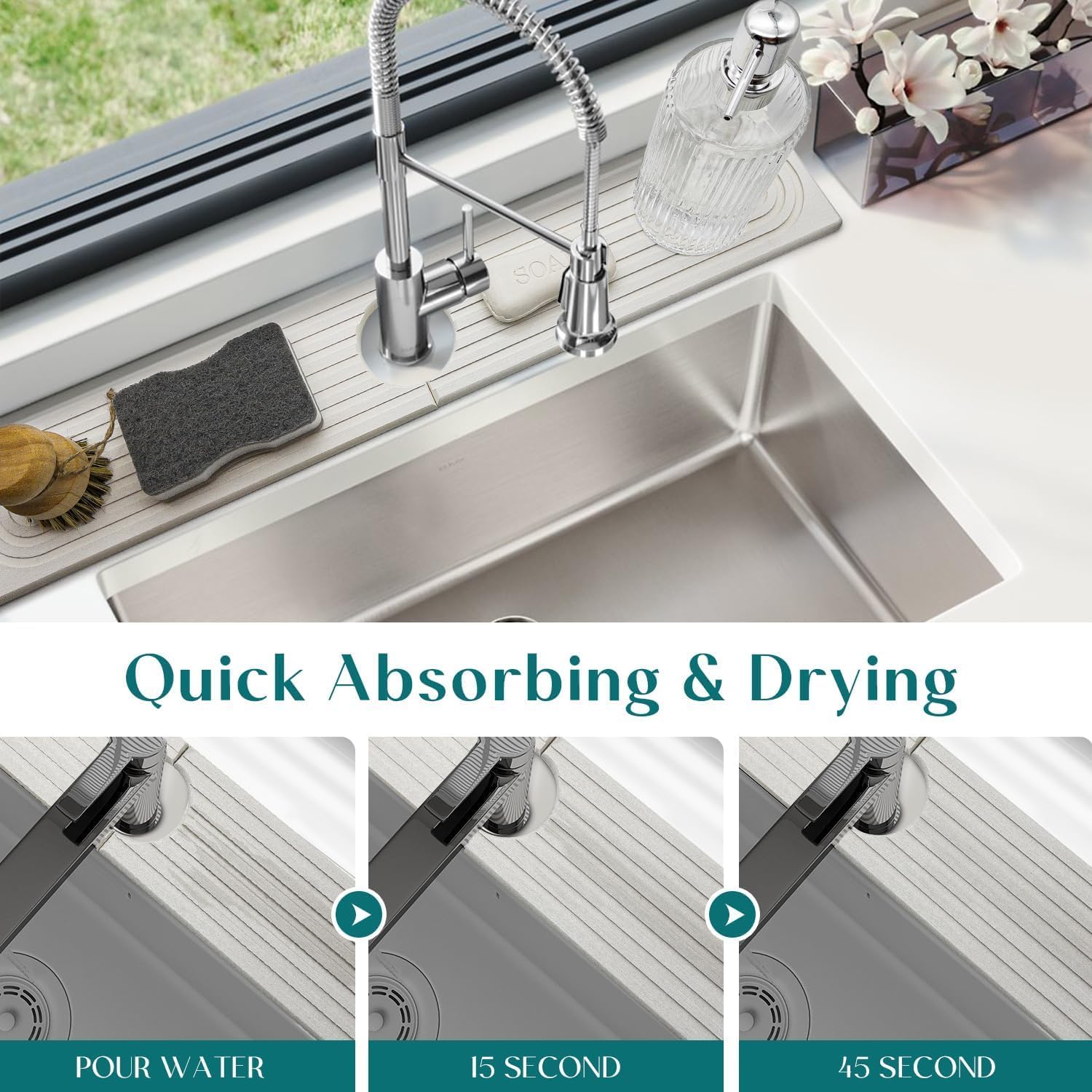 Faucet Mat for Kitchen Sink - 24'' Long Diatomite Fast Drying Stone Sink Tray, Super Absorbent, Prevents Moisture Buildup - Faucet Splash Guard for Bathroom Counter Light Grey