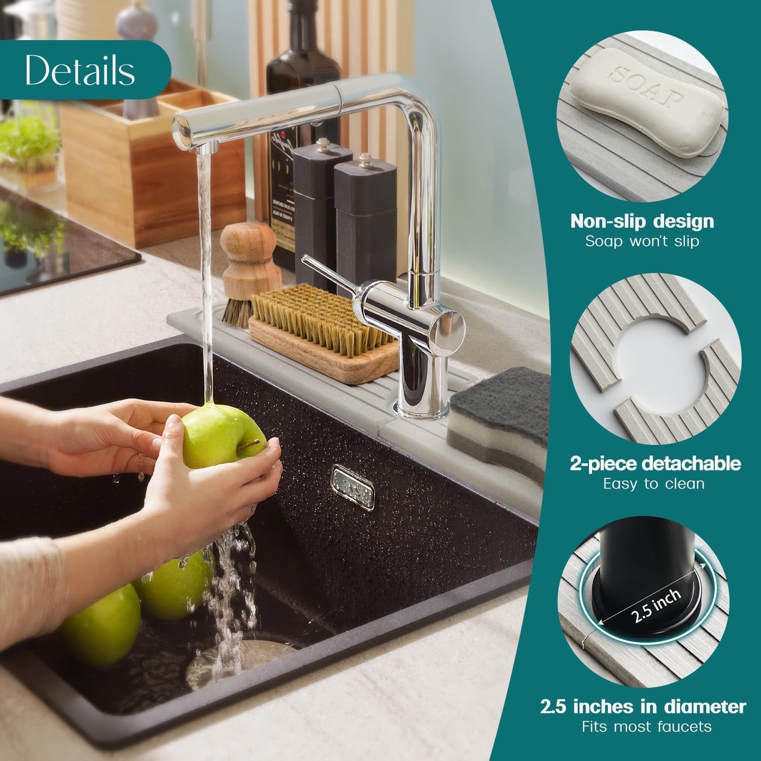 Faucet Mat for Kitchen Sink - 24'' Long Diatomite Fast Drying Stone Sink Tray, Super Absorbent, Prevents Moisture Buildup - Faucet Splash Guard for Bathroom Counter Light Grey