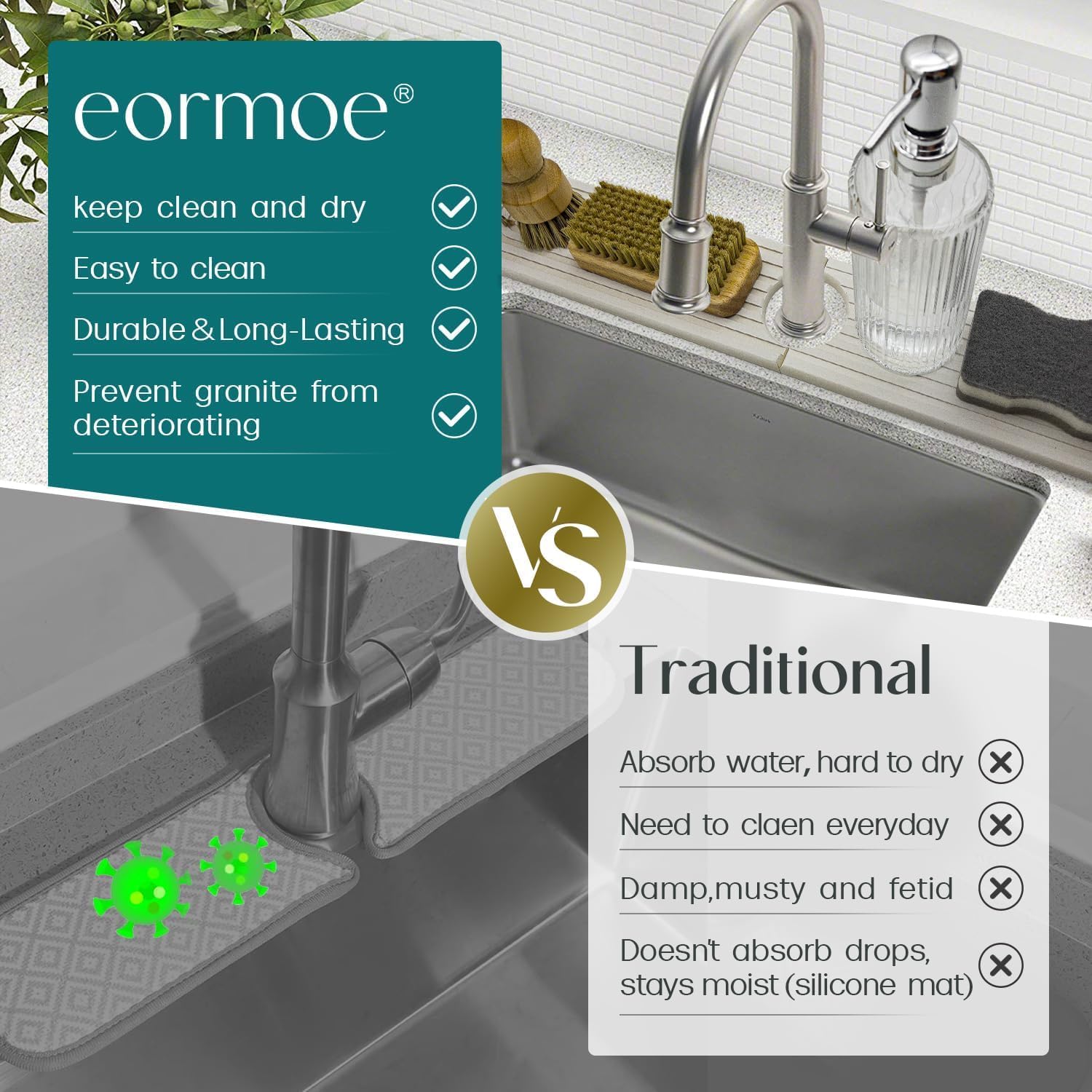 Faucet Mat for Kitchen Sink - 24'' Long Diatomite Fast Drying Stone Sink Tray, Super Absorbent, Prevents Moisture Buildup - Faucet Splash Guard for Bathroom Counter Light Grey