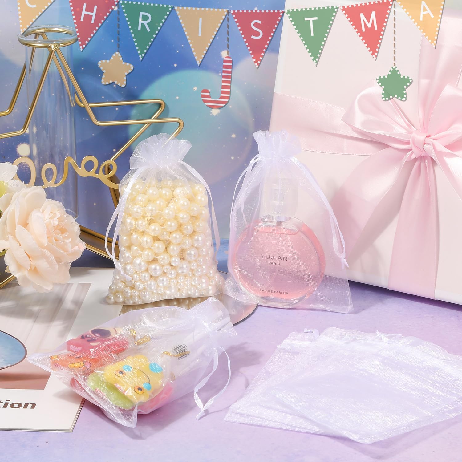 100PCS Premium Sheer Organza Bags, White Wedding Favor Bags Drawstring, 4x4.72 Jewelry Gift Bags Party, Jewelry, Festival, Bathroom Soaps, Makeup Organza Favor Bags