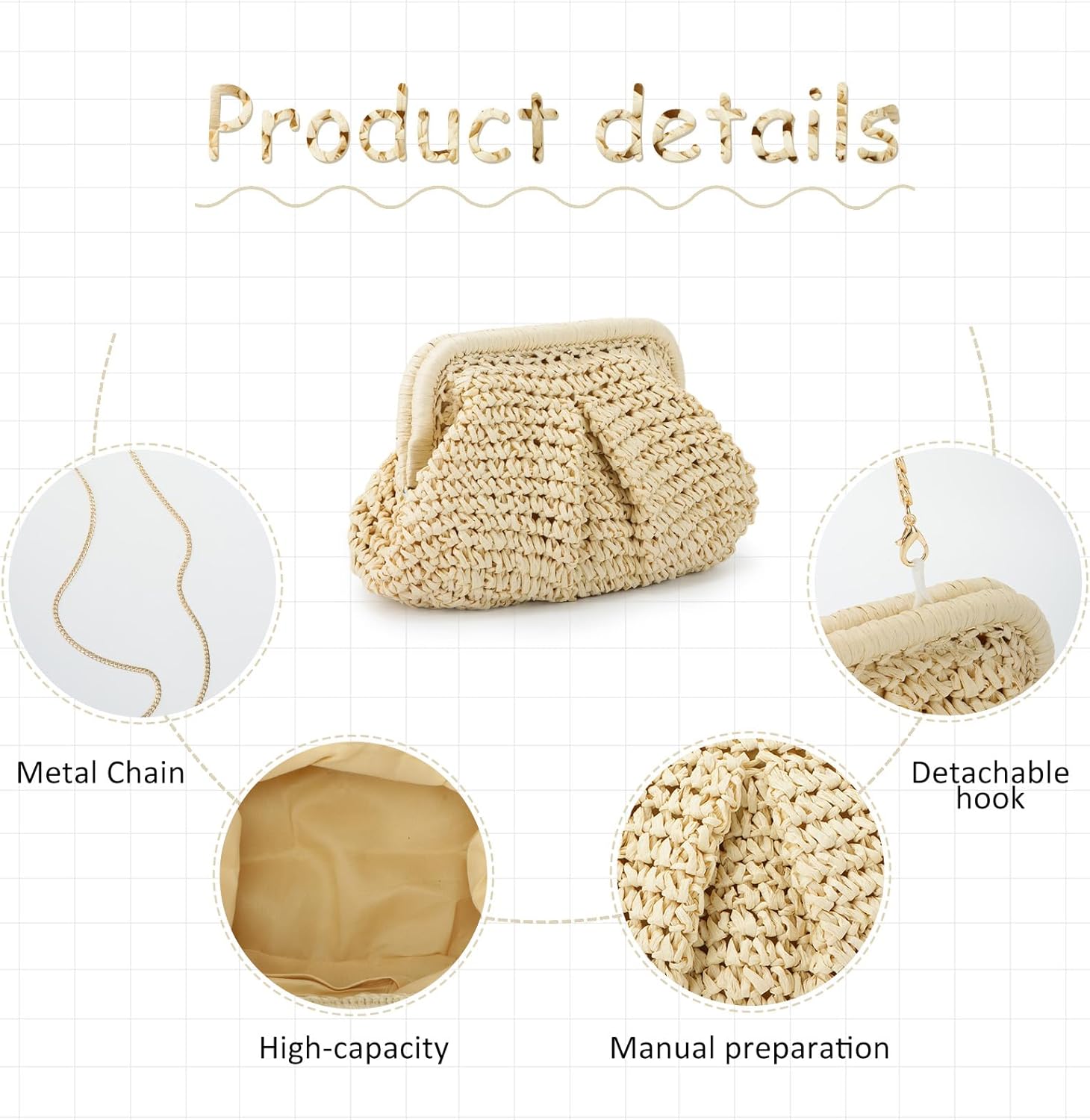 Straw Clutch Purse for Women Cloud Dumpling Pouch Straw Crossbody Shoulder Handbag Summer Beach Woven Bag