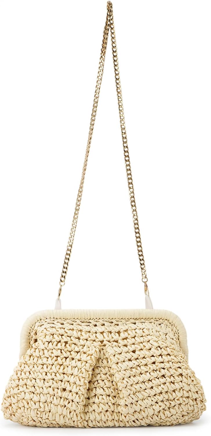 Straw Clutch Purse for Women Cloud Dumpling Pouch Straw Crossbody Shoulder Handbag Summer Beach Woven Bag