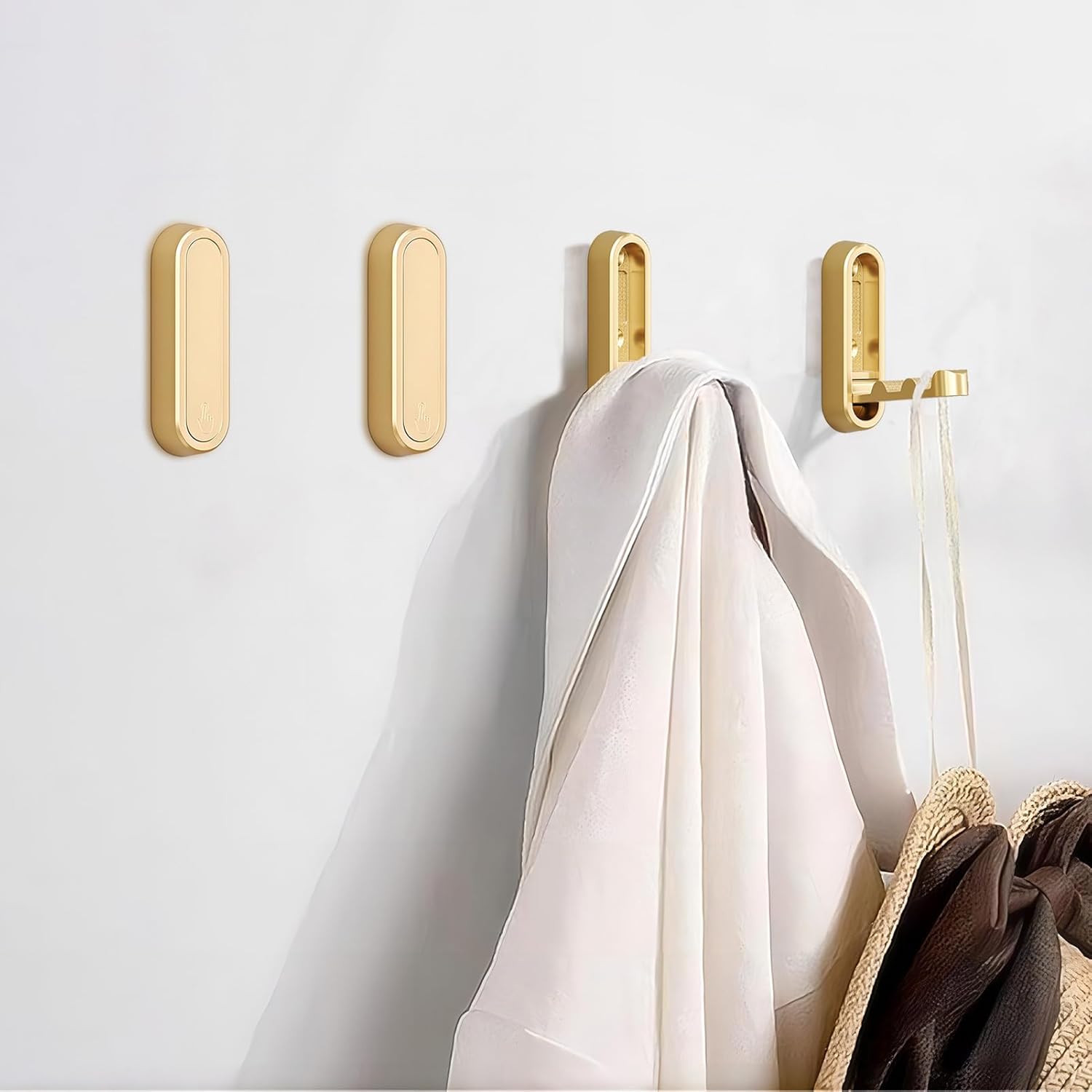 Foldable Towel Hooks for Bathroom 4 Pack,Wall Hooks for Hanging Heavy Duty Coat Robe Purse Foldable Hooks Storage Solution for Bathroom,Closet,Entryway,Pool and Kitchen 4, Brushed Gold