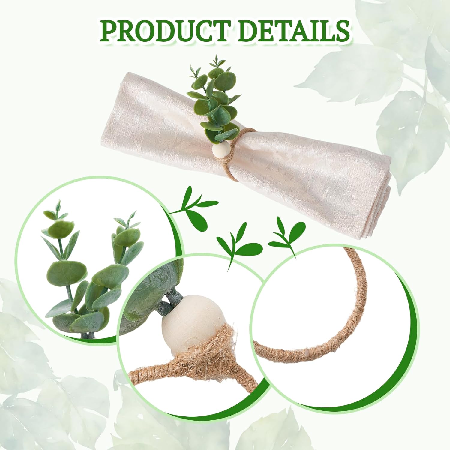 Napkin Rings Set of 12, Easter Napkin Rings, Boho Eucalyptus Leaf Napkins Rings, Wood Bead Farmhouse Easter Napkin Holder for Weddings Christmas Party Table Decoration