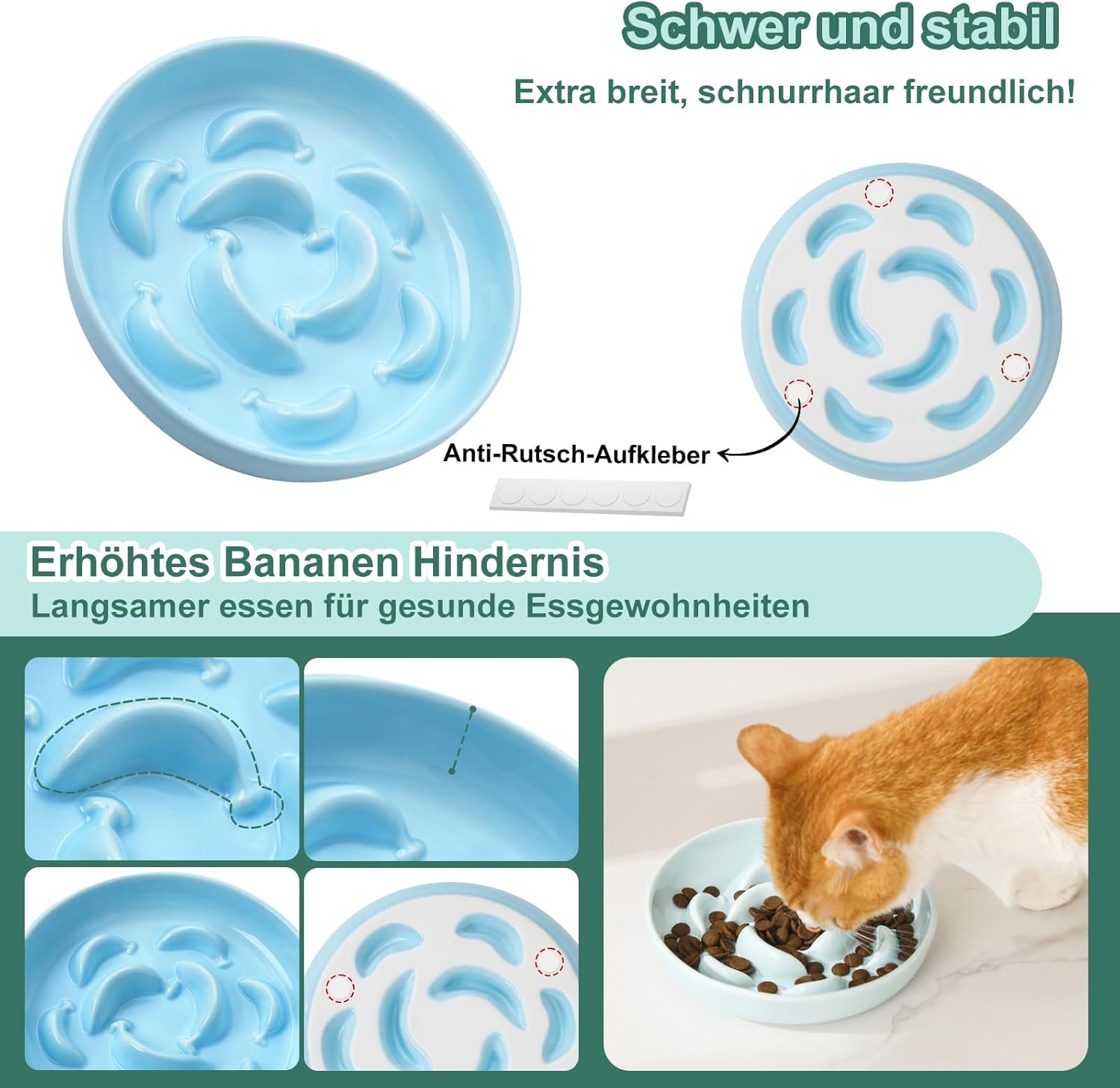 Ceramic Cat Slow Feeder Bowl - Pastel Series Cat Plate for Dry and Wet Food - Cute Maze Feeder Dish for Healthy Eating - Dishwasher Safe - 6.3''W x 1.2''H - 7 OZ - Pale Blue