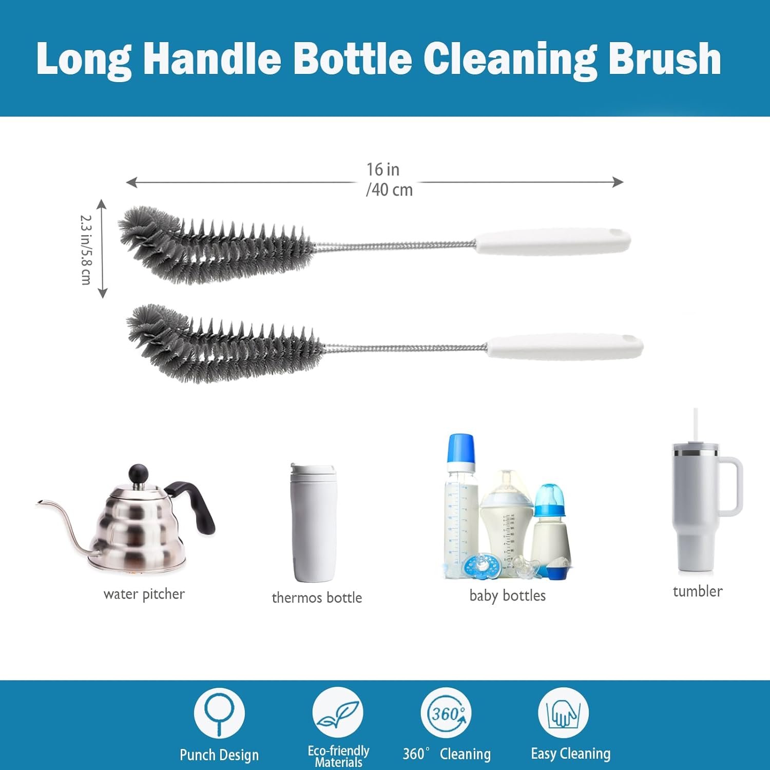 15.7" 40cm Flexible Long Black Bottle Cleaning Brush for Kitchen and Dining - Perfect for Baby Bottles, Sports Bottles, Glassware, Mugs, Jars, and Stemware 2-pc