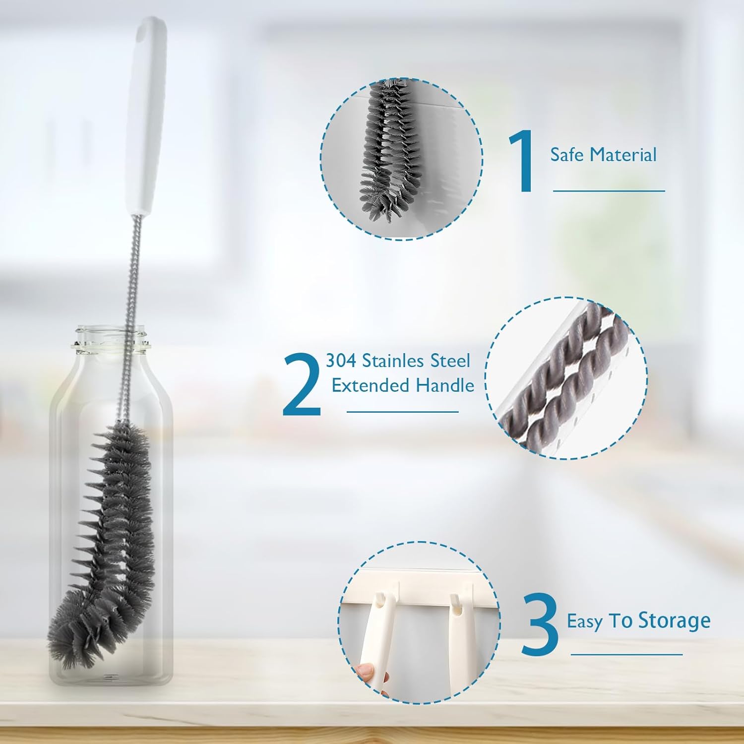 15.7" 40cm Flexible Long Black Bottle Cleaning Brush for Kitchen and Dining - Perfect for Baby Bottles, Sports Bottles, Glassware, Mugs, Jars, and Stemware 2-pc