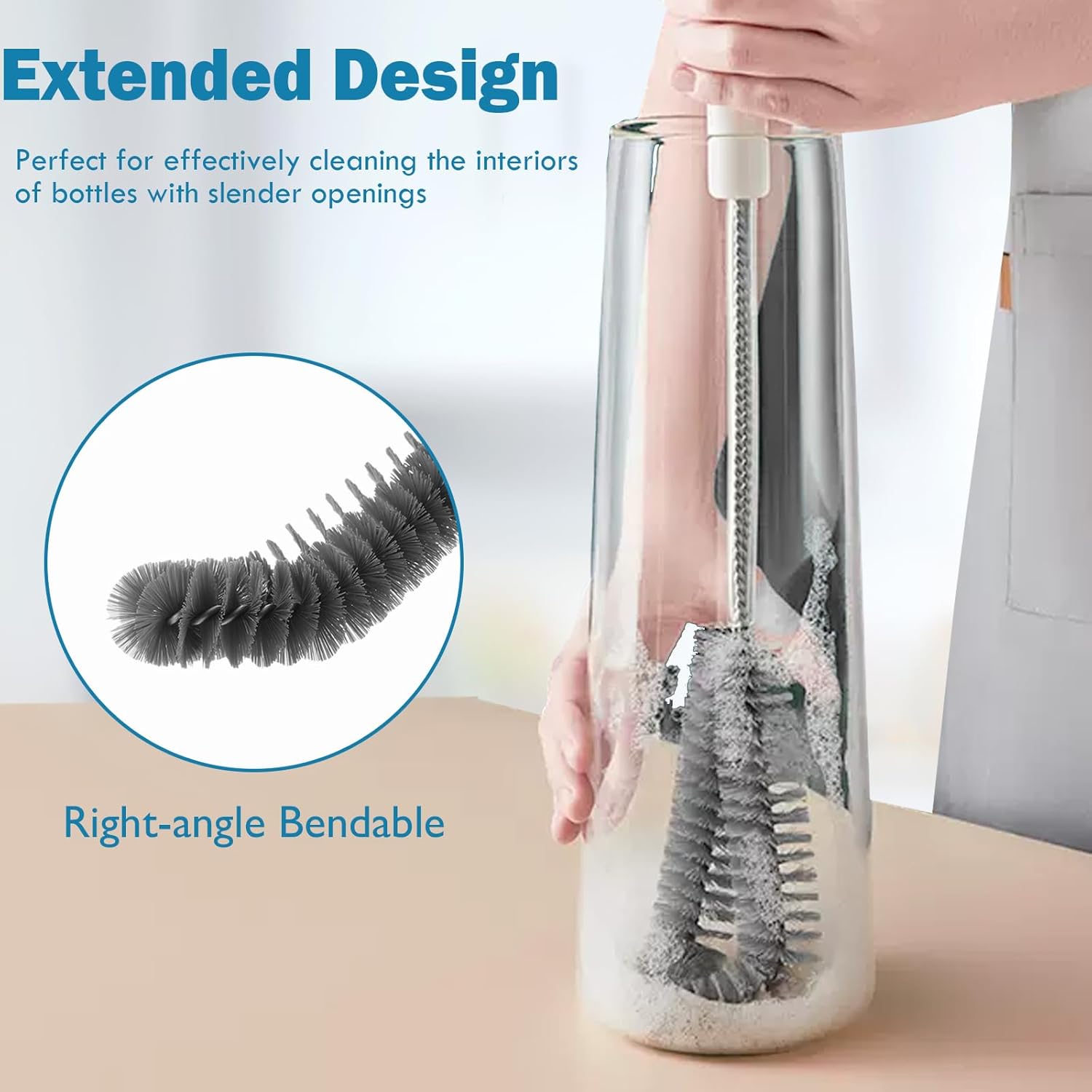 15.7" 40cm Flexible Long Black Bottle Cleaning Brush for Kitchen and Dining - Perfect for Baby Bottles, Sports Bottles, Glassware, Mugs, Jars, and Stemware 2-pc
