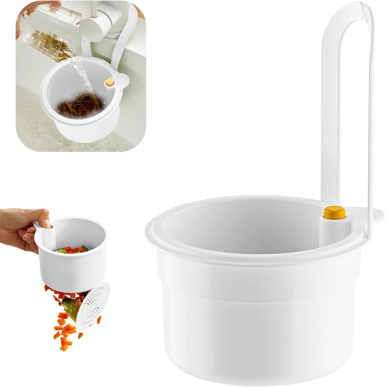 Sink Strainer Basket, Hang on Faucet Kitchen Sink Drain Basket, With Push to Empty & Detachable Fast-Drain Mesh, Multifunctionfor Kitchen Tools for Food Waste Removal & Veggie Washing white