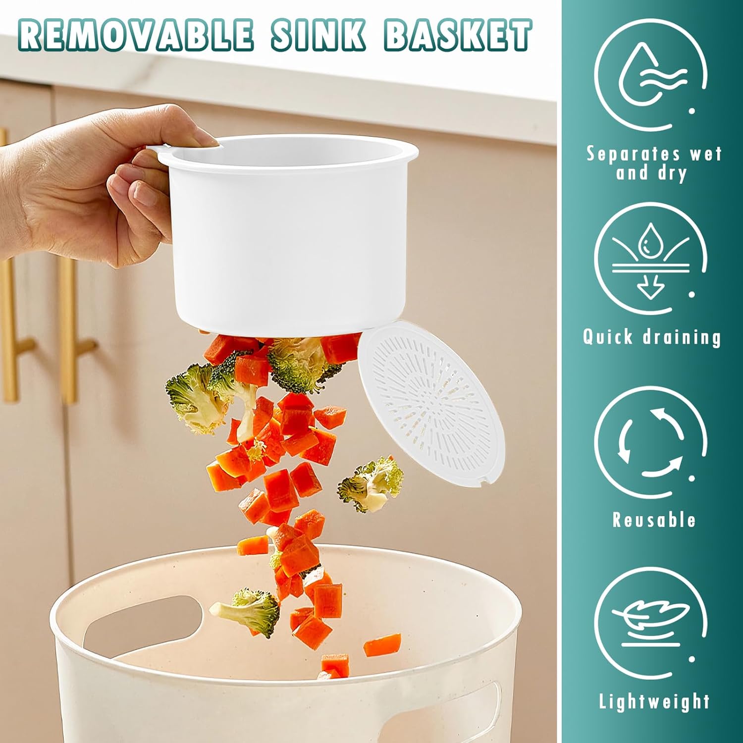 Sink Strainer Basket, Hang on Faucet Kitchen Sink Drain Basket, With Push to Empty & Detachable Fast-Drain Mesh, Multifunctionfor Kitchen Tools for Food Waste Removal & Veggie Washing white
