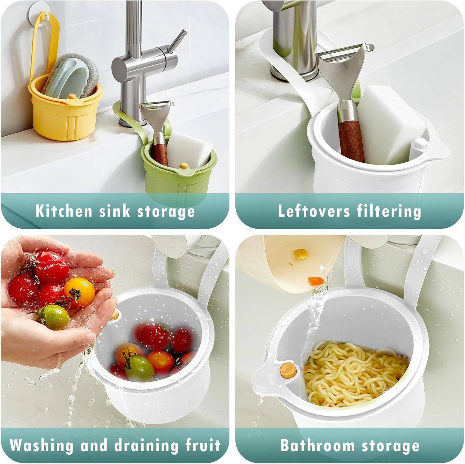 Sink Strainer Basket, Hang on Faucet Kitchen Sink Drain Basket, With Push to Empty & Detachable Fast-Drain Mesh, Multifunctionfor Kitchen Tools for Food Waste Removal & Veggie Washing white