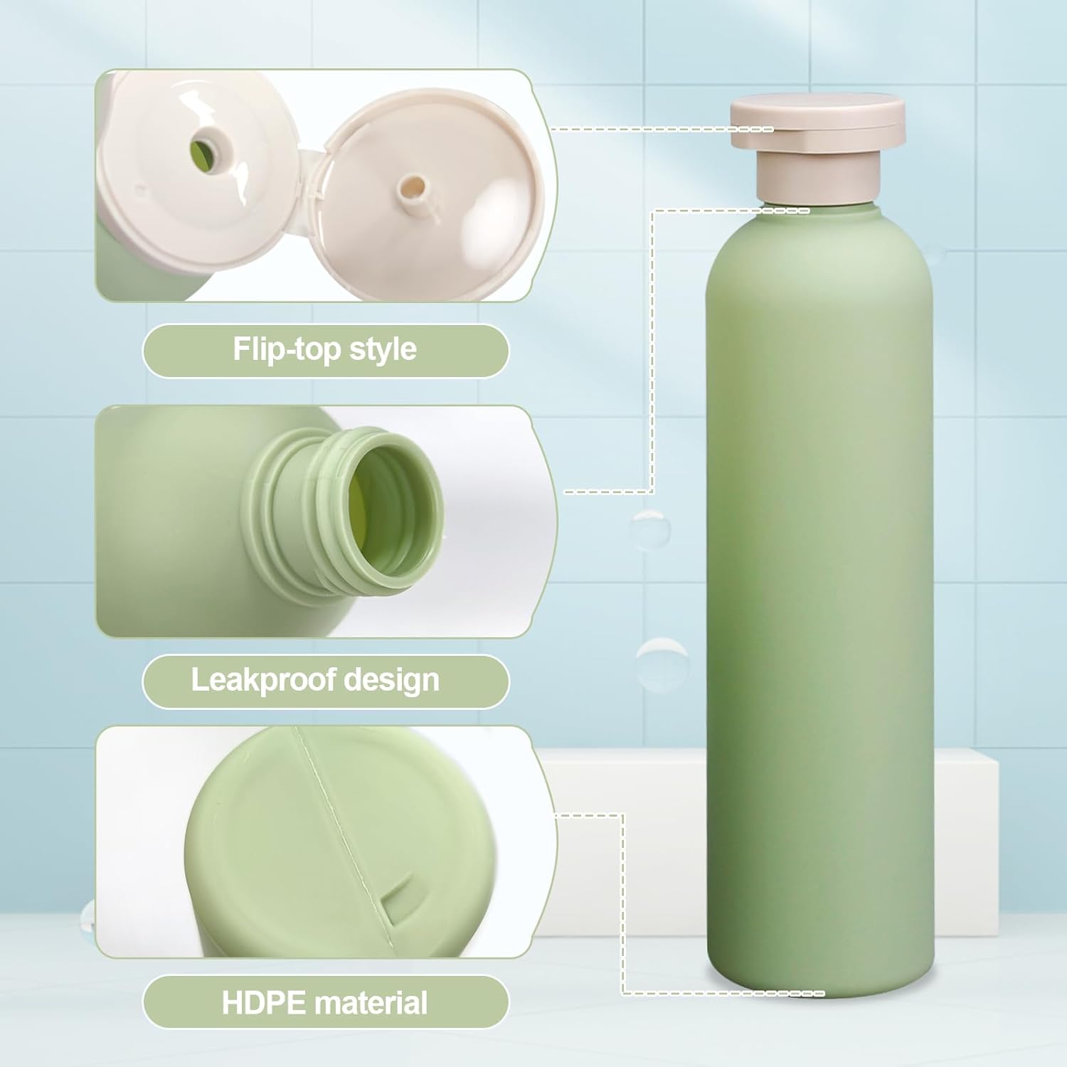 3Pcs 8.8oz Flip Top Squeeze Bottles,Reusable and Refillable Leak Proof Travel Bottles,For Lotions,Facial Creams,Shampoos,Hair Conditioner Green