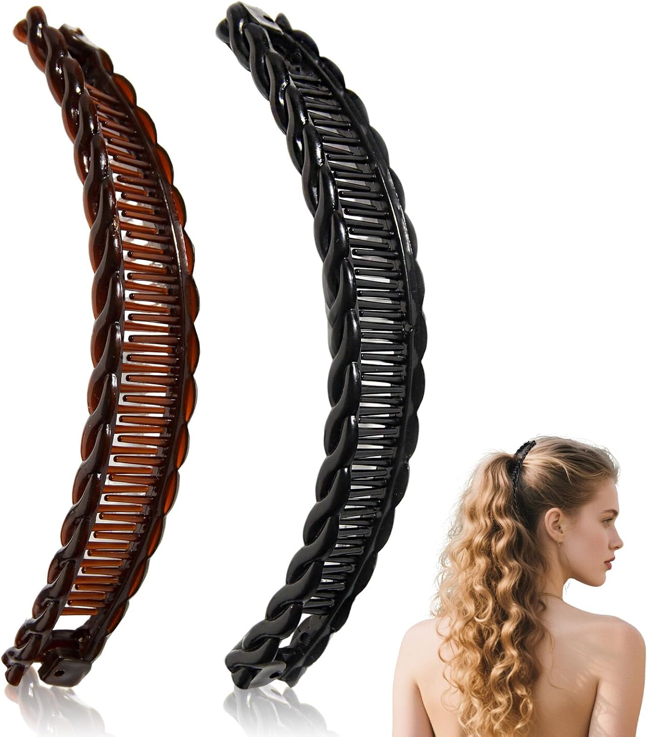 2-Pack Banana Hair Clips - Hair Claws for Thick Curly Hair, Non-Slip Vintage Clincher Combs for Women, 80s Retro Hair Styling Accessories Black/Brown