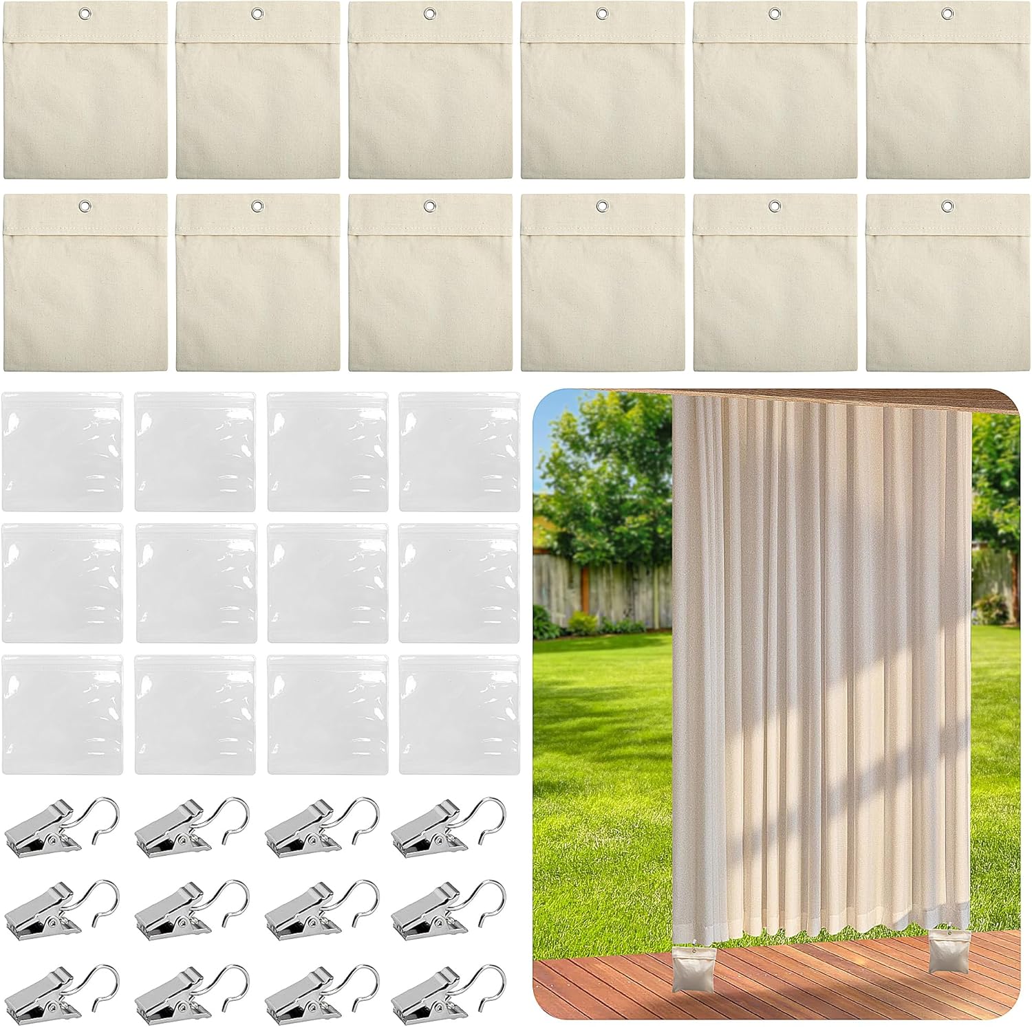 12 Pack Outdoor Curtain Weight Bags, Patio Curtain Sandbag with Sealed Bags and Clips, Reusable Drapery Weighted Bags for Home Outdoor Pergola Gazebo Front Porch Beige