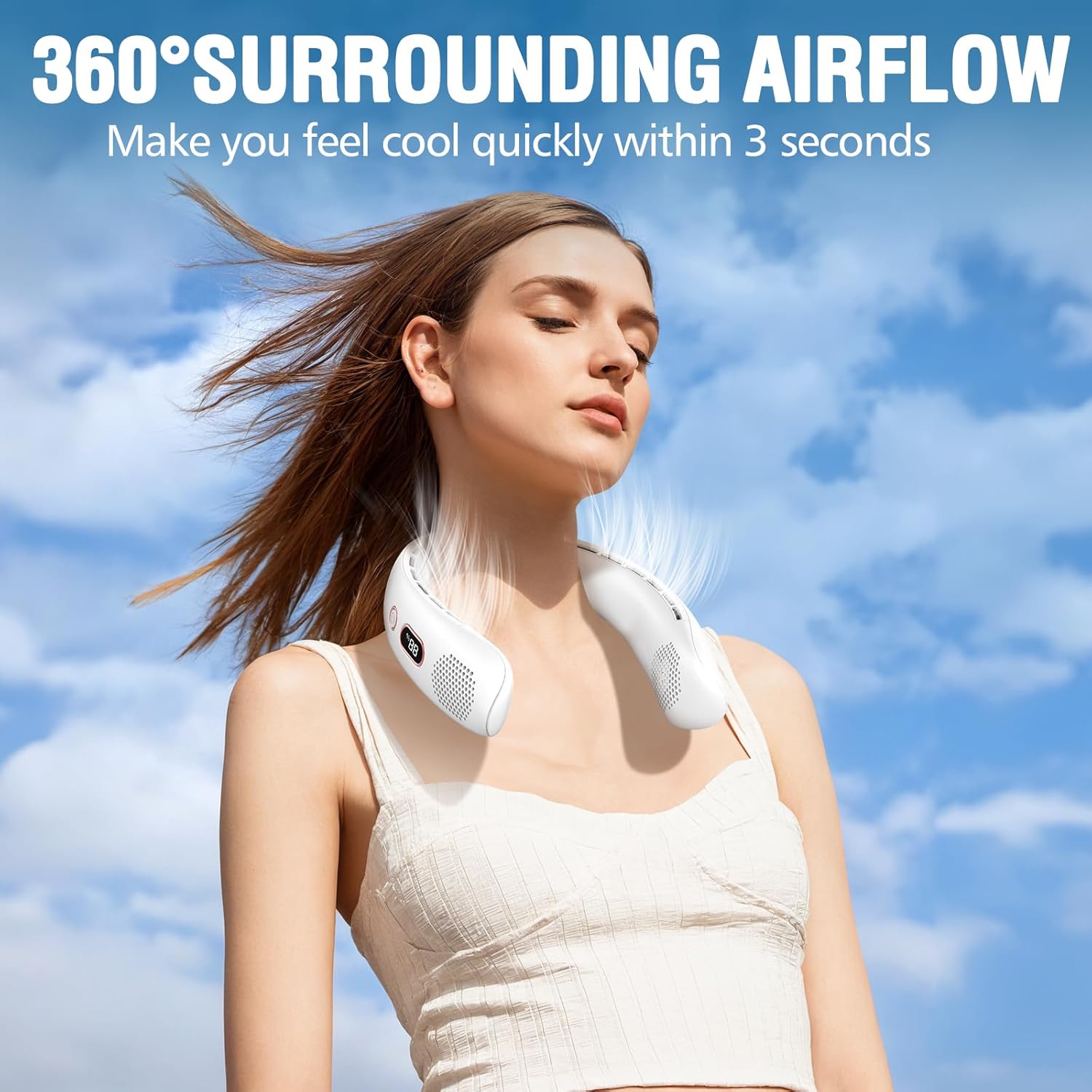 Portable Neck Fan, Hands Free Bladeless Neck Fan Rechargeable 3 Speeds & LCD Display, Battery Operated Wearable Personal Fan, 360° Cooling Hanging Neck Fan for Outdoor Indoor Travel Sport White