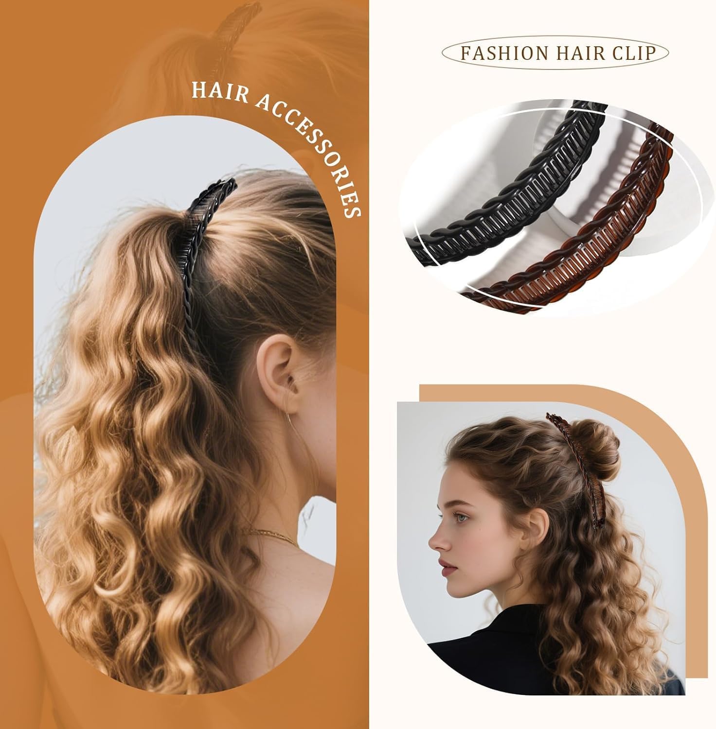3Pcs Banana Clips Hair, Vintage Clincher Combs Banana Hair Clips Claws Hair Clips, Banana Clips Hair for Thick Hair Black, White, Brown