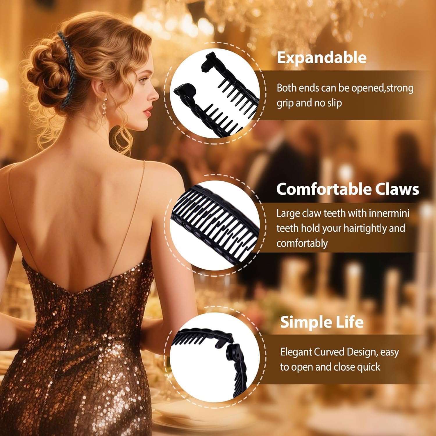 3Pcs Banana Clips Hair, Vintage Clincher Combs Banana Hair Clips Claws Hair Clips, Banana Clips Hair for Thick Hair Black, White, Brown