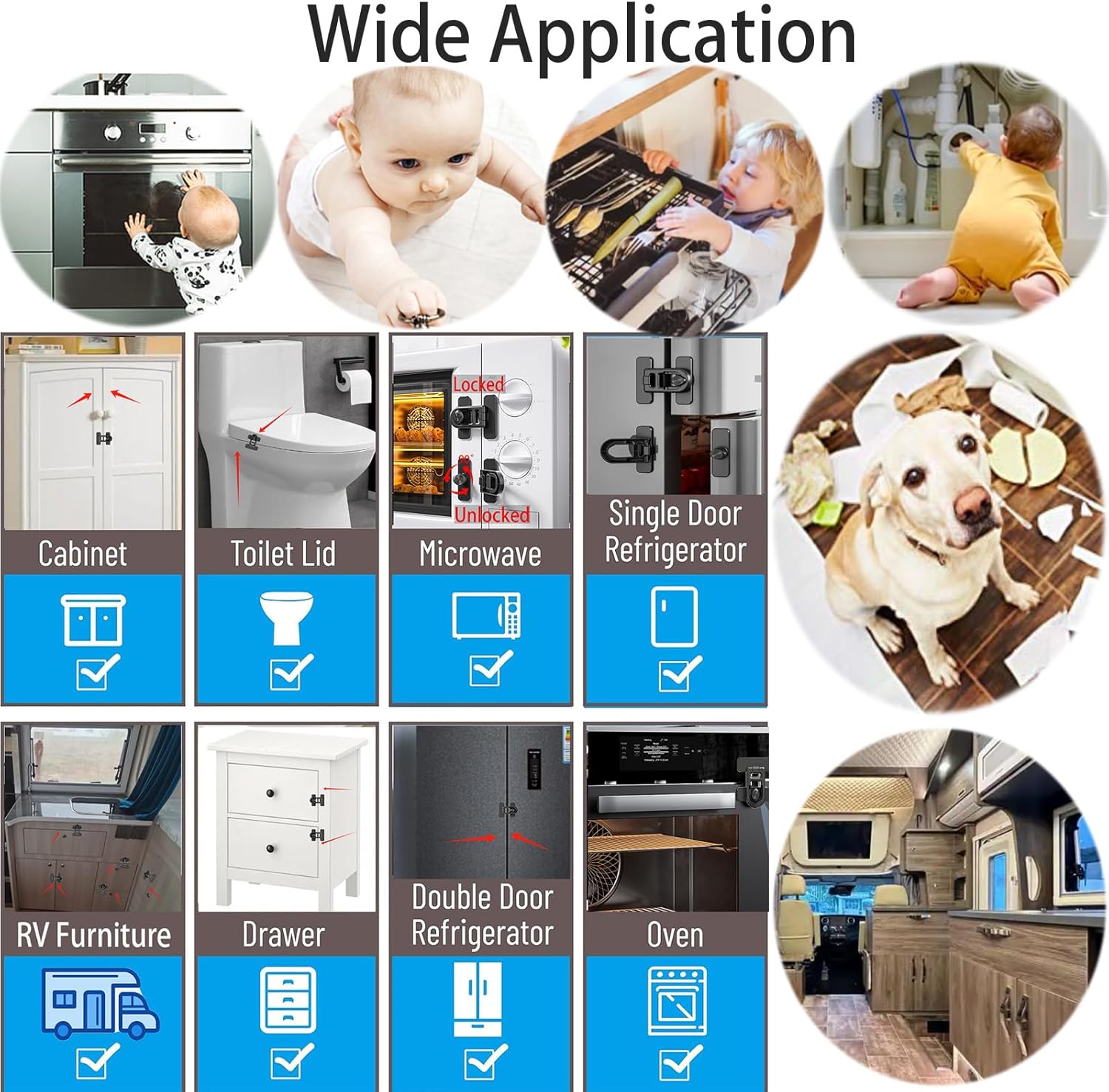 2-Pack Refrigerator Lock Baby Proofing for Cabinet Door Drawer Freezer RV Oven Cupboard Closet Kitchen, 90 Degree Fridge Latches Petproof Childproof for Toddler Cat, Strong Adhesive No Drill