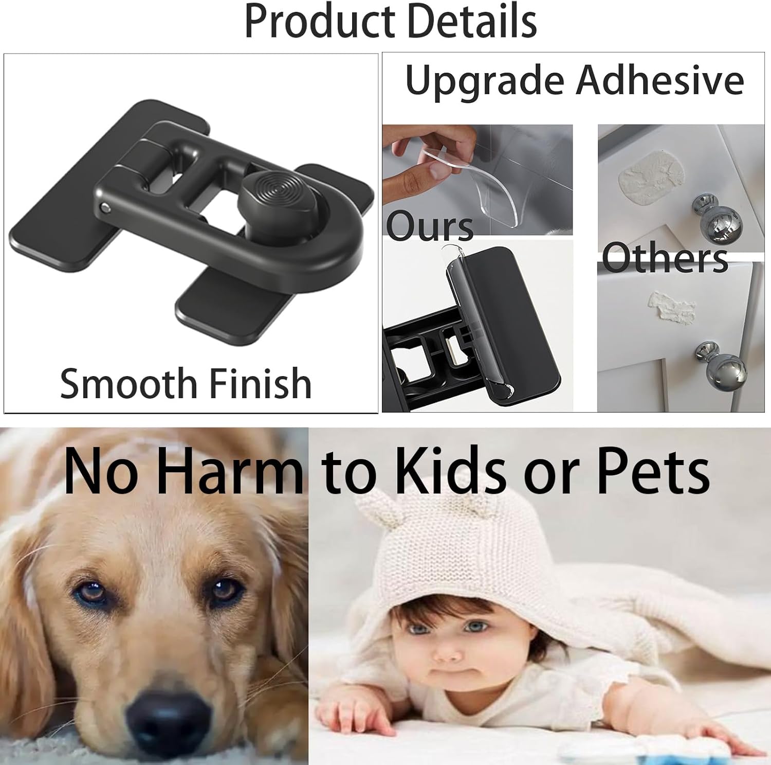 2-Pack Refrigerator Lock Baby Proofing for Cabinet Door Drawer Freezer RV Oven Cupboard Closet Kitchen, 90 Degree Fridge Latches Petproof Childproof for Toddler Cat, Strong Adhesive No Drill