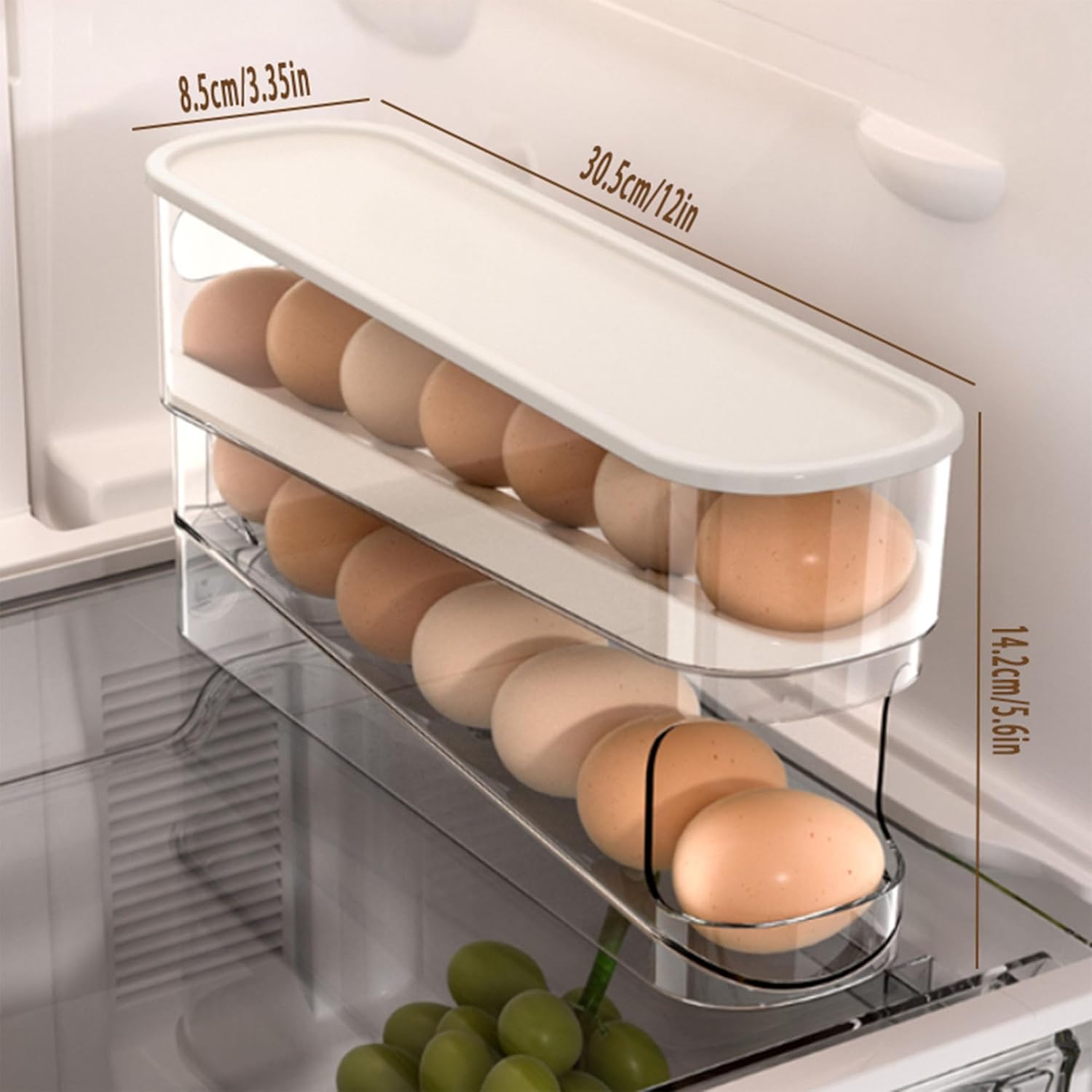 Egg Storage for Fridge, Space-Saving Rolling Eggs Dispenser for Refrigerator Storage, Made of Sturdy, Clear PTE Material, Holds 12 Large Eggs
